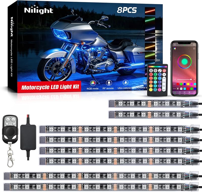 8PCS Motorcycle RGB Led Light Kit Waterproof Multi Color Atmosphere Neon Accent APP and Remote Control Underbody Strips for Harley Davidson Honda Kawasaki Suzuki