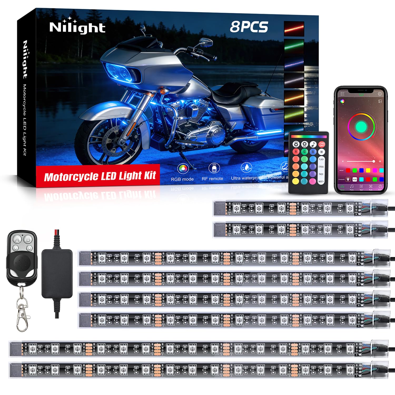 Nilight 8PCS Motorcycle RGB Led Light Kit Waterproof Multi Color Atmosphere Neon Accent APP and Remote Control Underbody Strips for Harley Davidson Honda Kawasaki Suzuki Global Recycled Standard Global Recycled Standard Global Recycled Standard