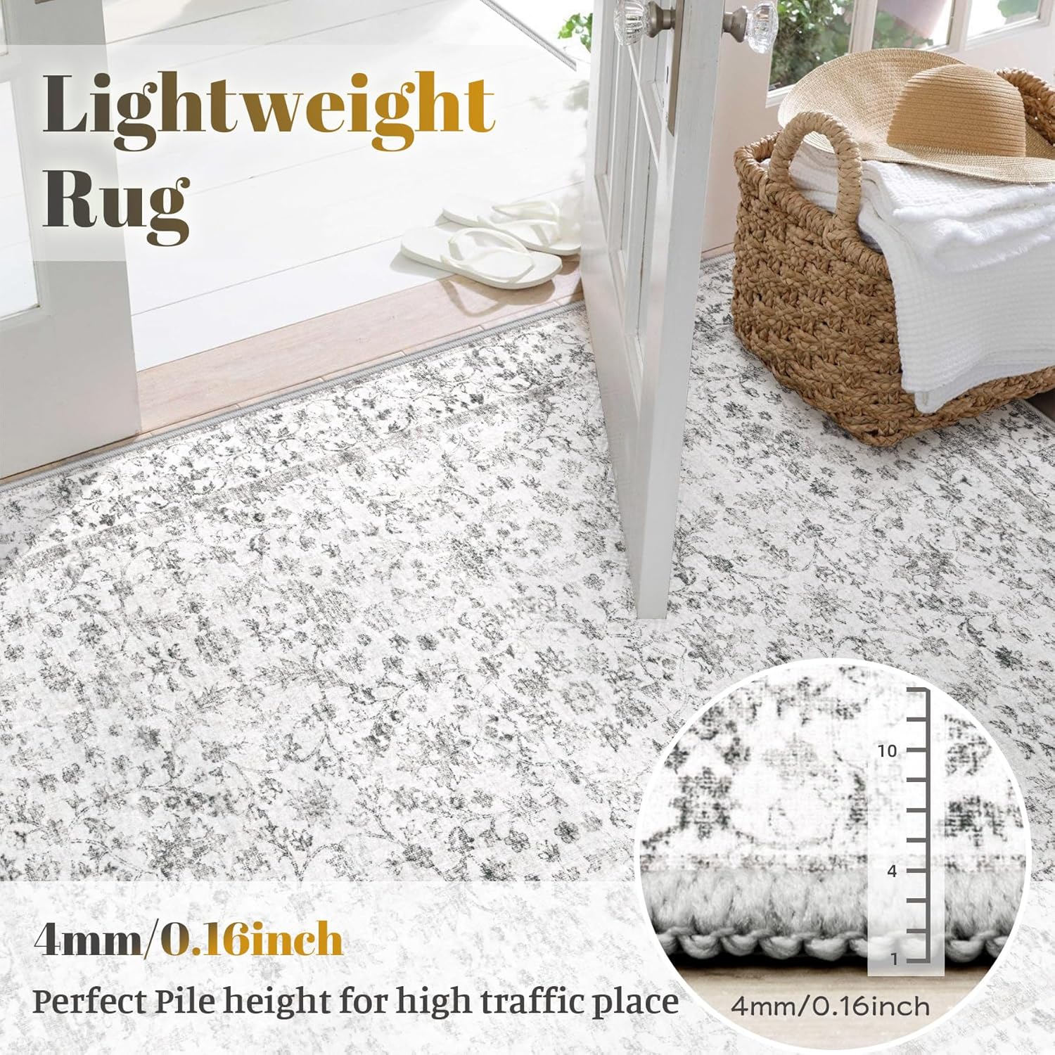 Area Rugs 9x12 Living Room Rug, Washable Vintage Boho Floral Rugs Non Slip Soft Low Pile Distressed Rug Stain Resistant Indoor Carpet for Bedroom Nursery Kitchen Dining Room Office Light Grey