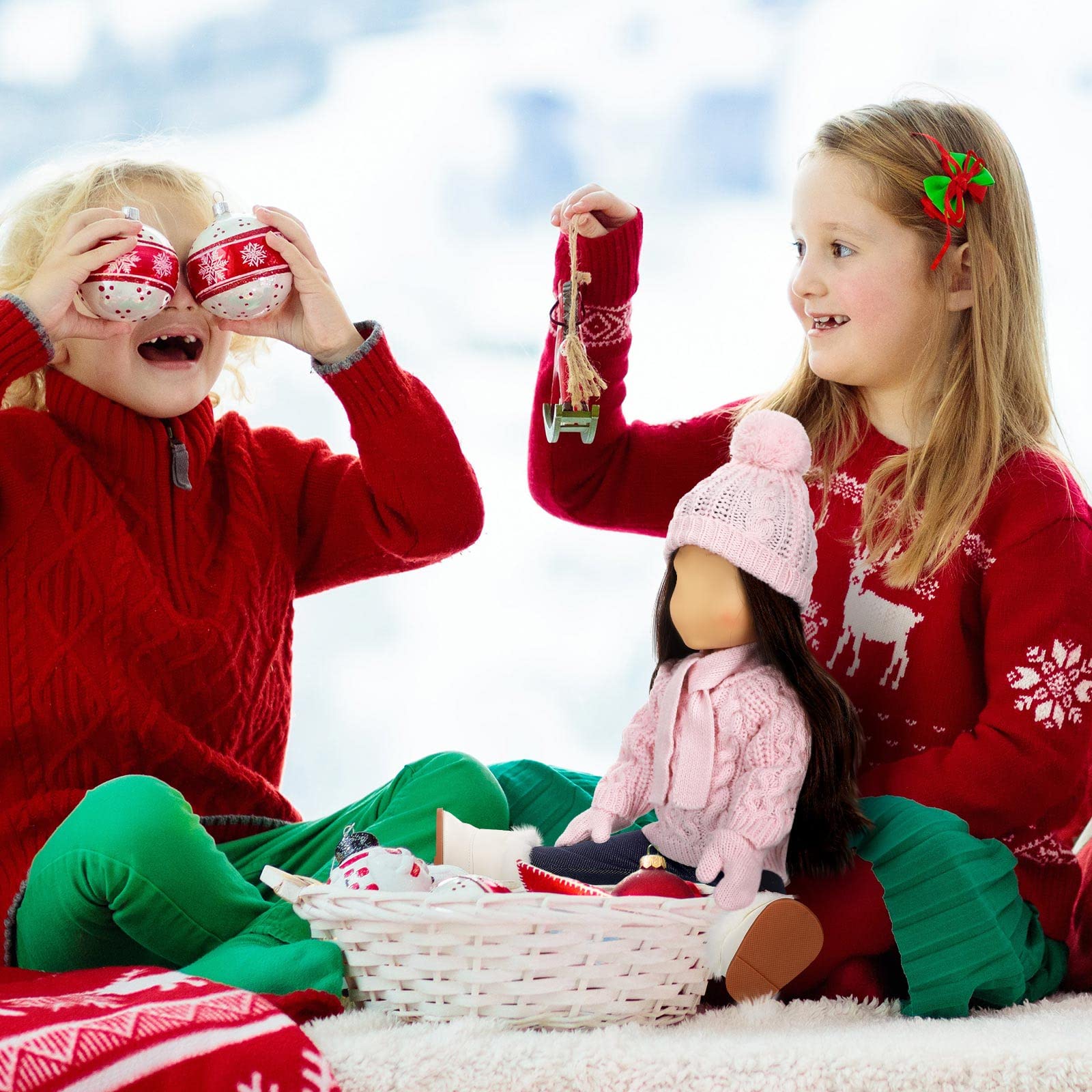 Ropa y accesorios de Navidad para muñecas de 18 pulgadas, conjunto de trajes de invierno, suéteres, pantalones, sombreros, zapatos para regalos de muñecas de 18 pulgadas (rosa) 2