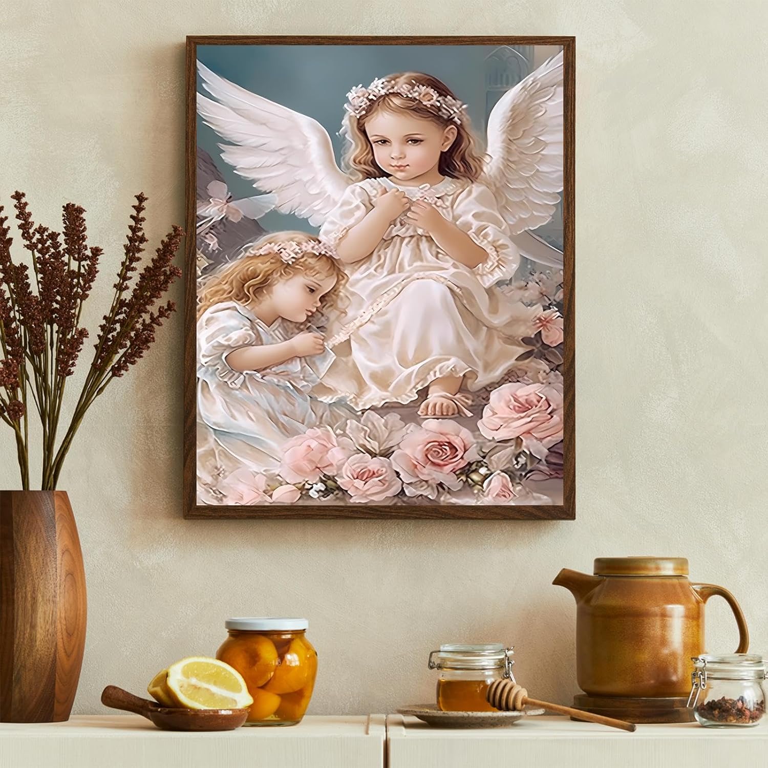Diamond Painting Kits for Adults, Flowers and Two Little Angels 5D DIY Diamond Painting Full Round Drill Craftwork for Beginners Gem Art Painting Home Wall Decor Gift 12x18 Inch