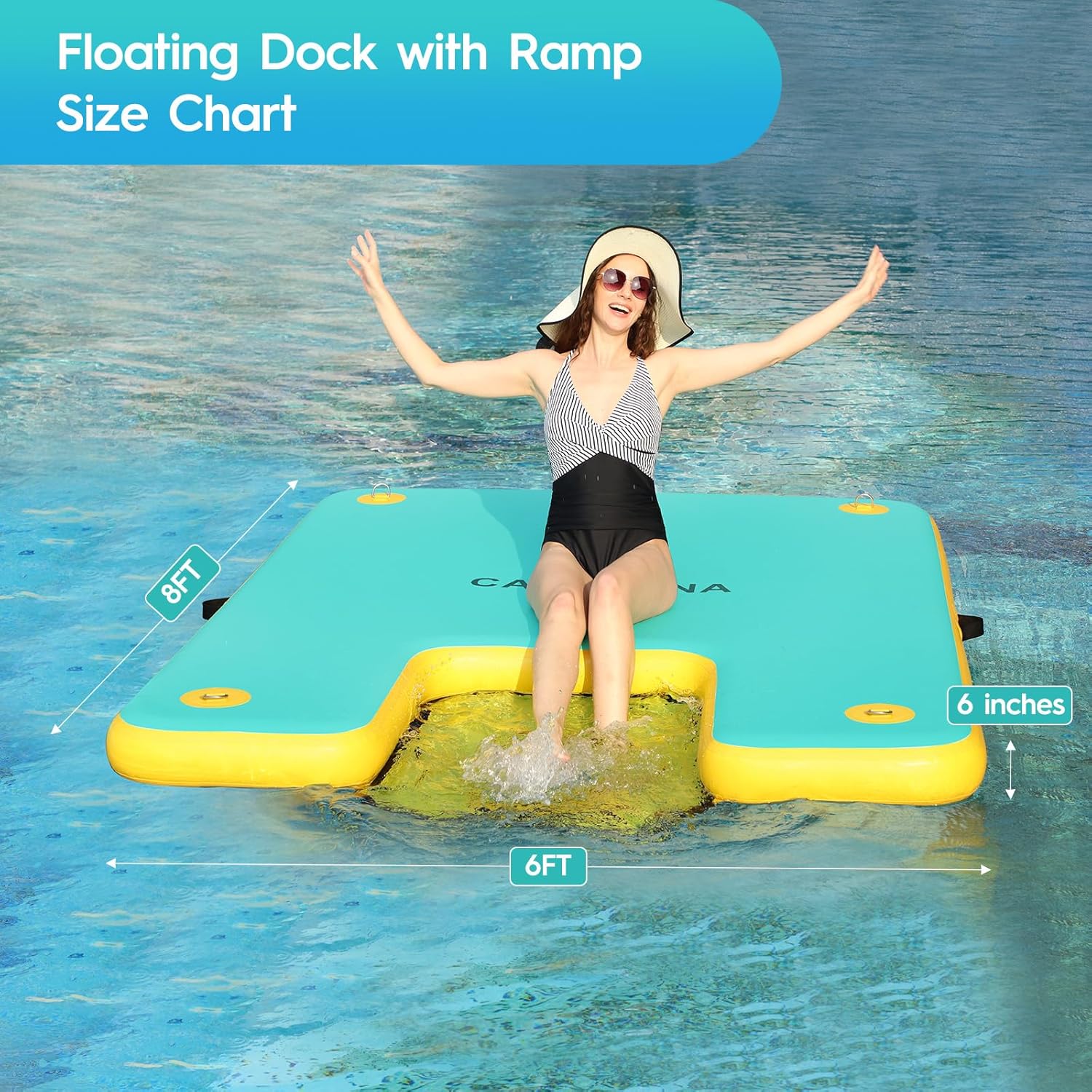 CALOBANA Inflatable Floating Dock with Dog Ramp, Inflatable Island Floats with Boat Ramp for Adults & Pets, Heavy Duty Lake Dog Floats Raft Pool Dock Platform with Ladder for Sea or River,Party