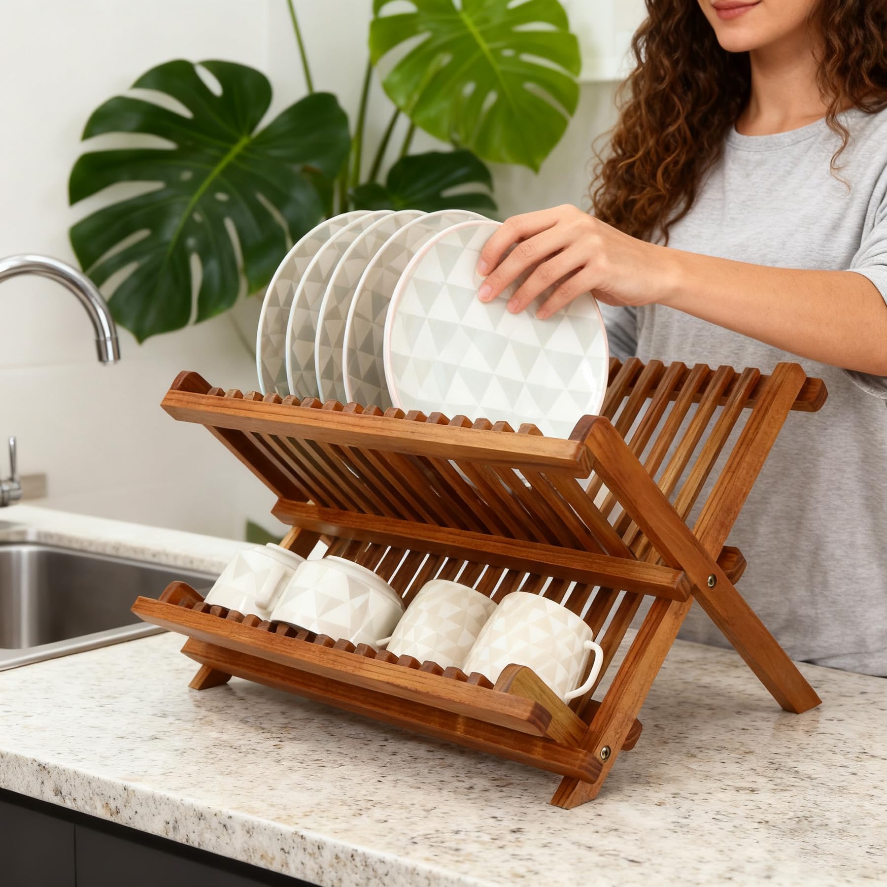 Utoplike Scolapiatti pieghevole in teak, a 2 ripiani, scolapiatti pieghevole, organizer per piatti da cucina, compatto