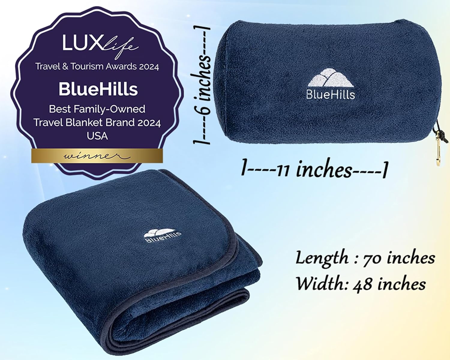 BlueHills Travel Blanket Pillow Rolled Premium Soft Plush Airplane Throw Traveling Essential Gift Compact in a Bag 70 X 48 inches Long Plane Flight Portable Lightweight Navy Blue R04 - Image 3
