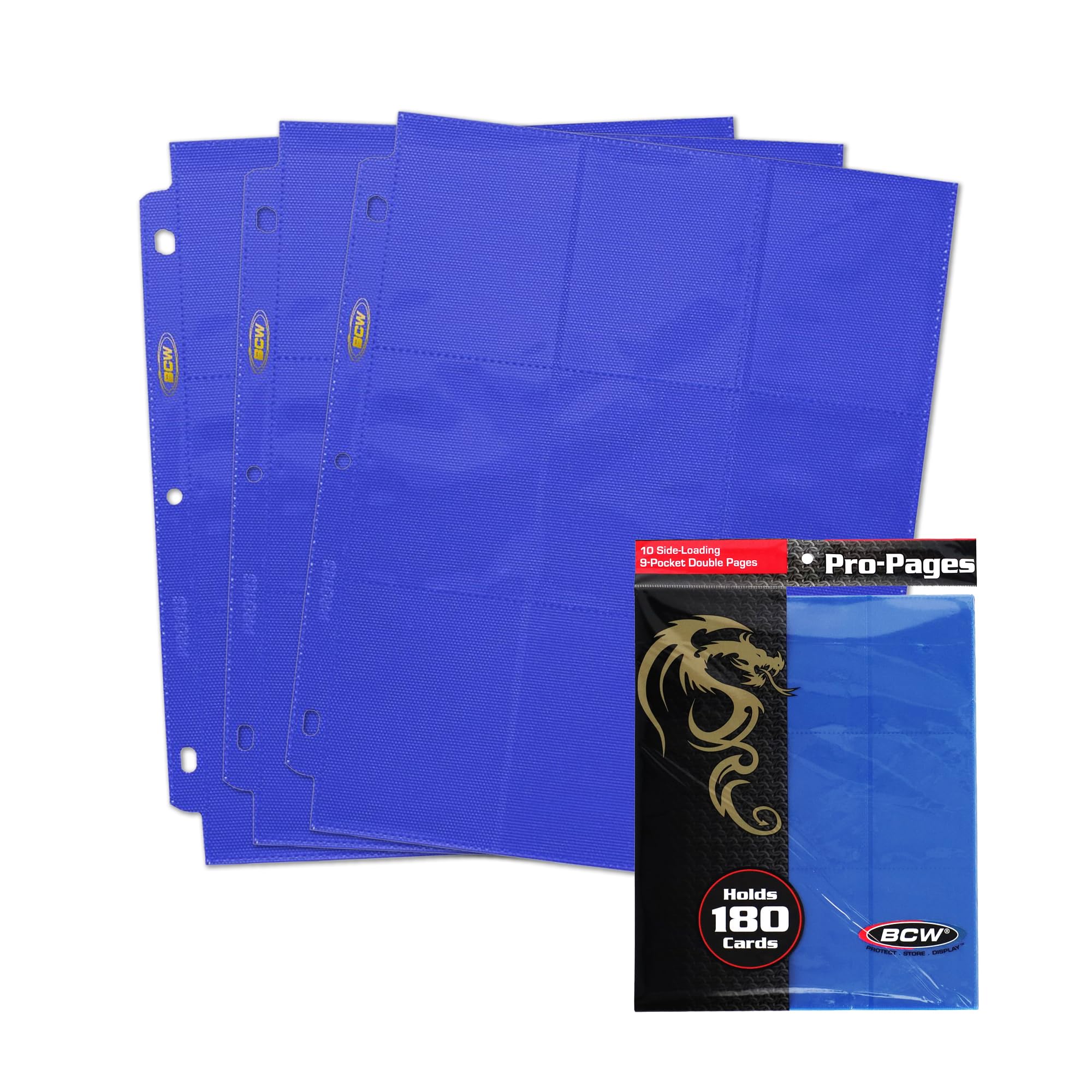BCWDouble-Sided 9-Pocket Pages Holder - 10 Blue Pages | Trading Card Binder Sheets | Secure Side Loading | Ideal Card Storage and Display Solution