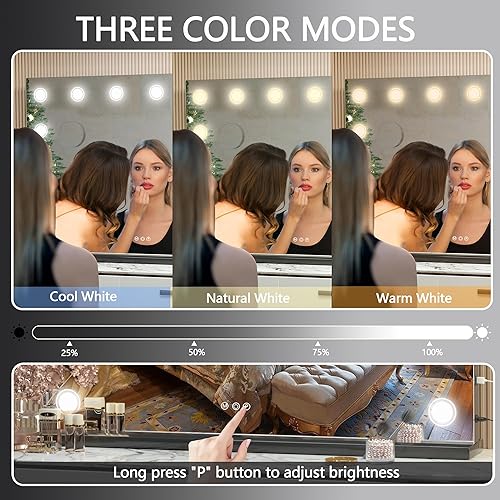 Miniatura 6 de Hasipu Espejo de tocador con luces, espejo de maquillaje de 32 x 24 pulgadas, espejo iluminado con 14 luces LED regulables y aumento de 10X, 3 modos