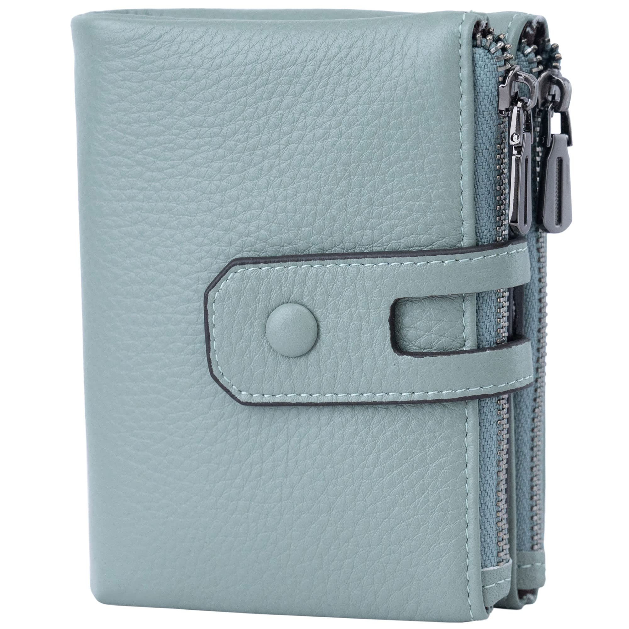 Bveyzi Small Soft Leather Wallet for Women RFID Blocking Ladies Card Holder with Double Zipper Pocket