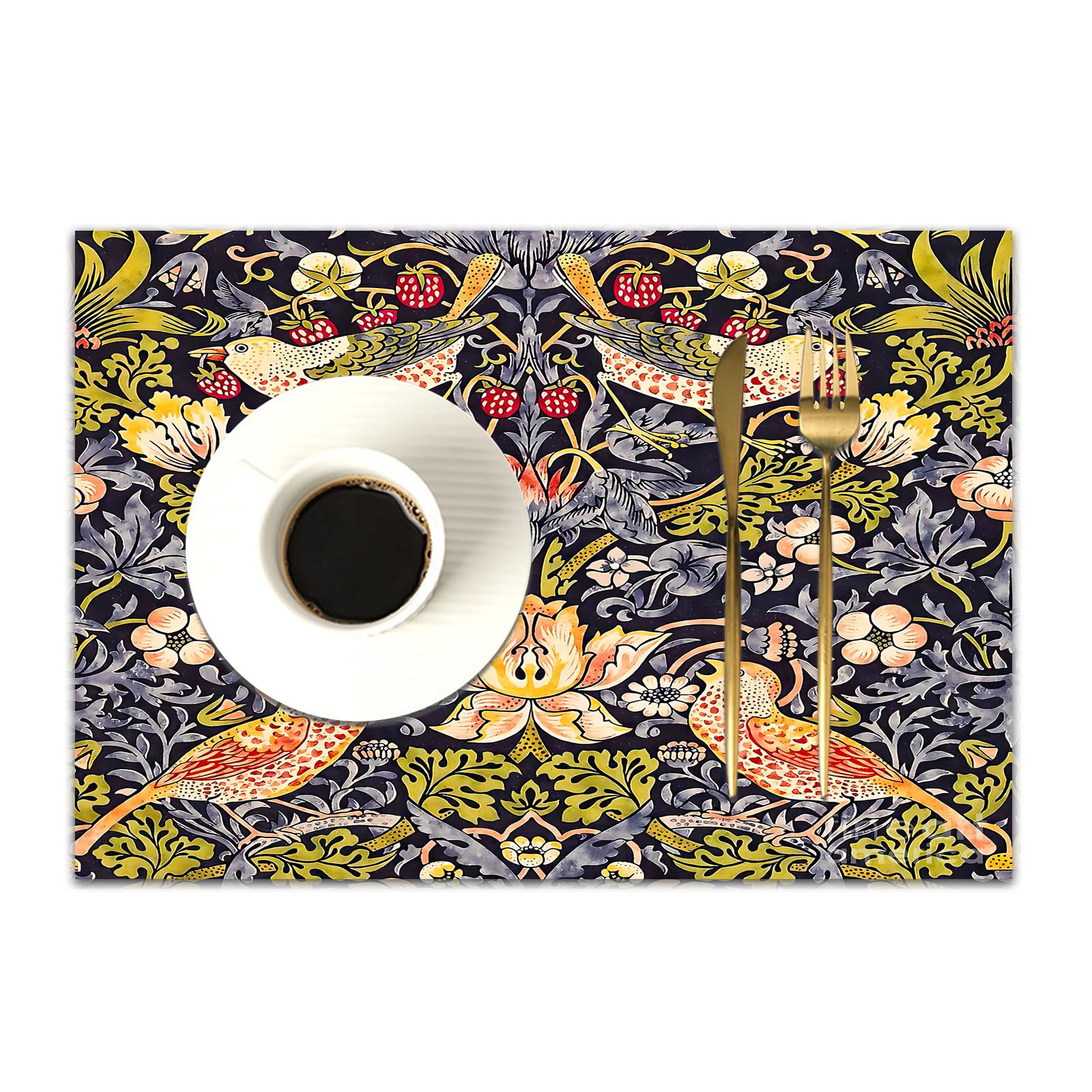 DASNK Table Mats Set of 4 Woven Vinyl Place Mats for Dinner Table Washable & Durable Indoor/Outdoor Use Table Accessories,William Morris's famous Strawberry Thief pattern (1883).,12x18in