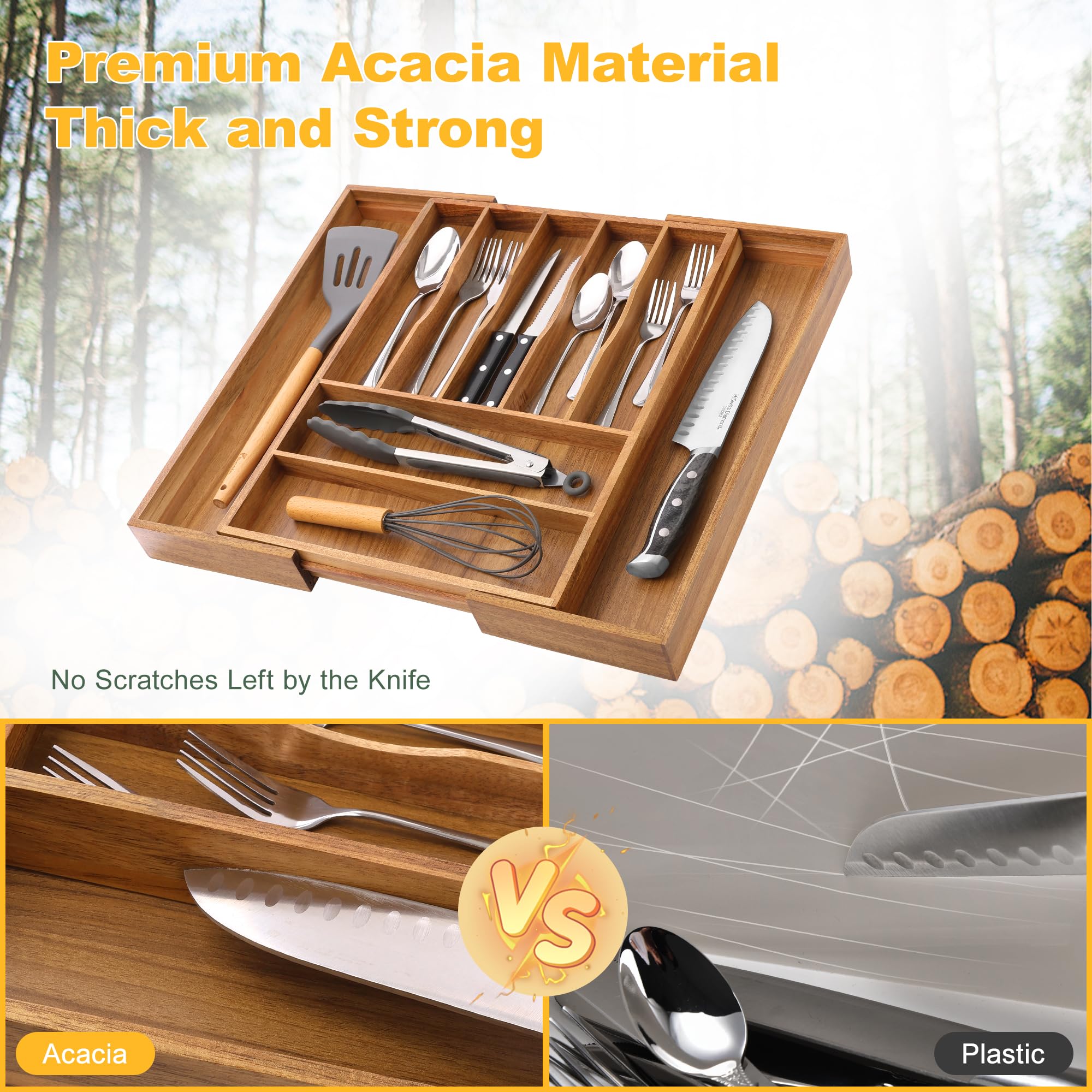 Großer Premium-Akazien-Besteck-Organizer – erweiterbarer Schubladen-Organizer und Utensilien-Organizer – 43,2 x 50 cm Besteckkasten mit Trennwänden für Küchenutensilien und Besteck (7–9 Fächer)