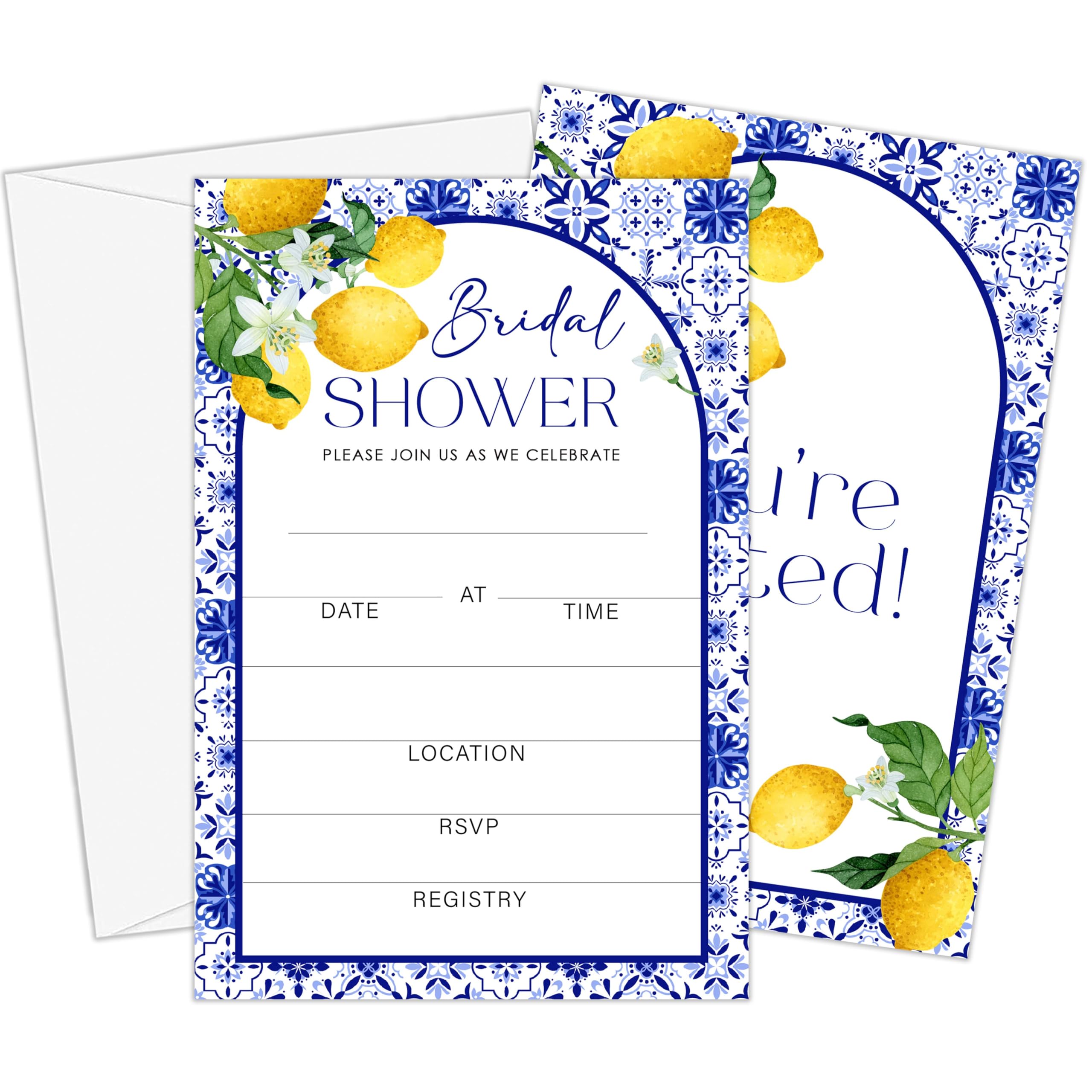 GOLRMC Mediterranean Lemon Bridal Shower Invitations, Italian Blue Tiles Bridal Shower Arched Invite Cards with Envelopes, 25 Spring Floral Party