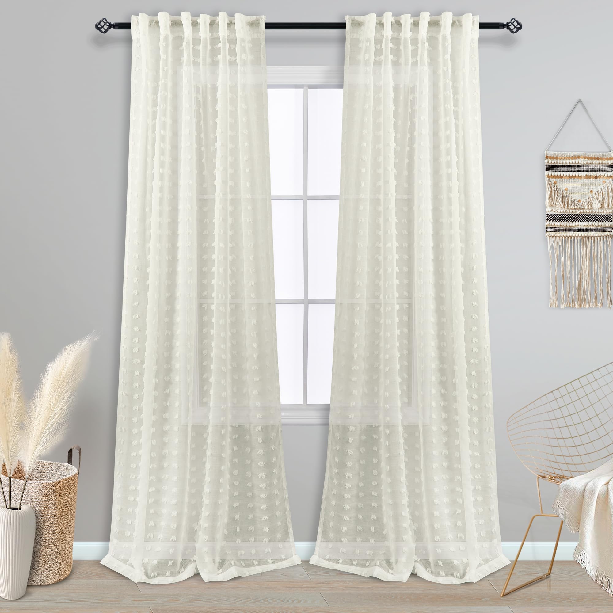 KOUFALL Durchscheinende Vorhänge, Pompons, Boho-Stil, strukturiert, für Wohnzimmer, Landhaus, Schlafzimmer, Waschraum, 2 Paneele, 132 x 244 cm lang, cremeweiß/elfenbeinfarben