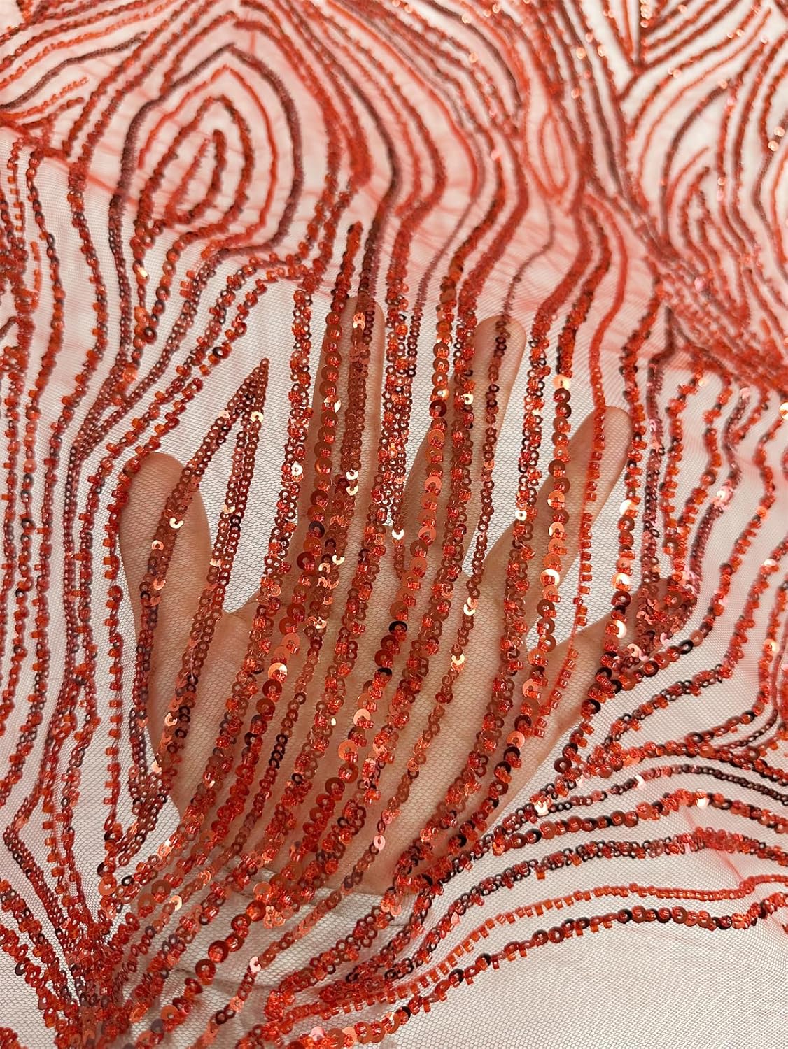 French Tulle mesh lace Fabric Embroidery with Sequins and Beads for Sewing Clothing 5 Yards (Red)