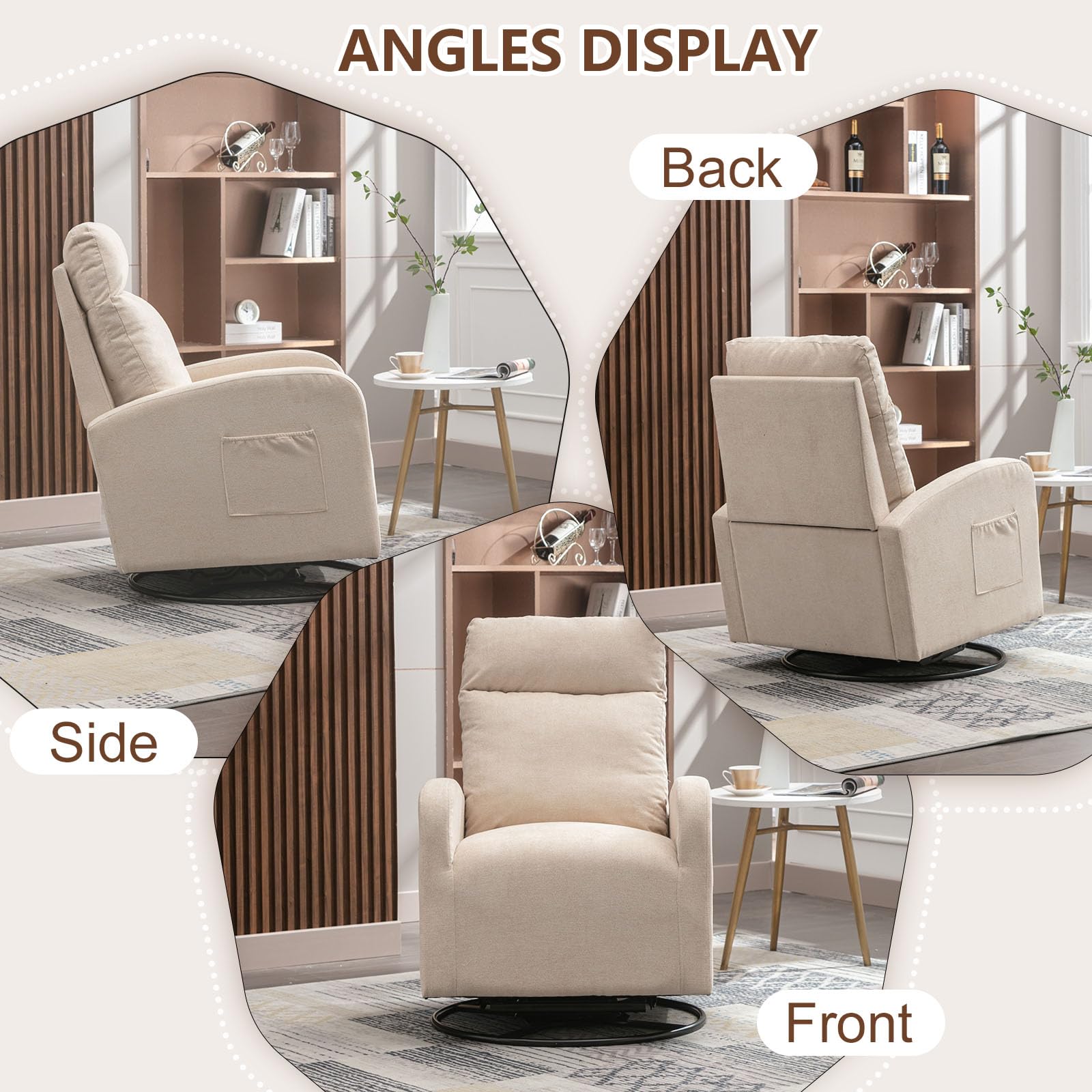 LUCKHAO Mecedora giratoria, sillón giratorio de deslizamiento para guardería, tapizado de tela de tilo, sillas mecedoras modernas con respaldo alto para guardería, dormitorio, sala de estar (beige)