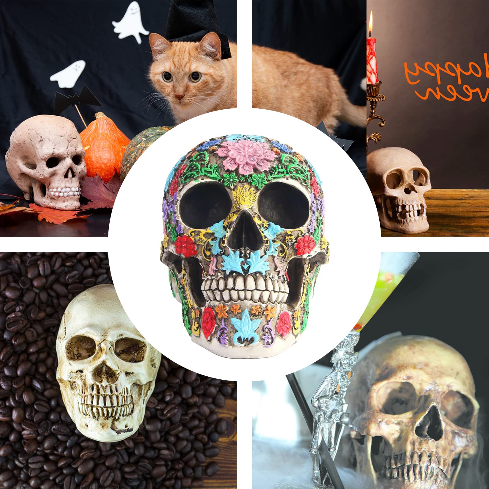 Cabeza de muerte tallada de diseño gótico,estatua de cráneo con pétalos,Adornos de halloween de cráneo de resina,Ornamento de cráneo pintado,mesa de comedor,decoración de salón (estilo 1)