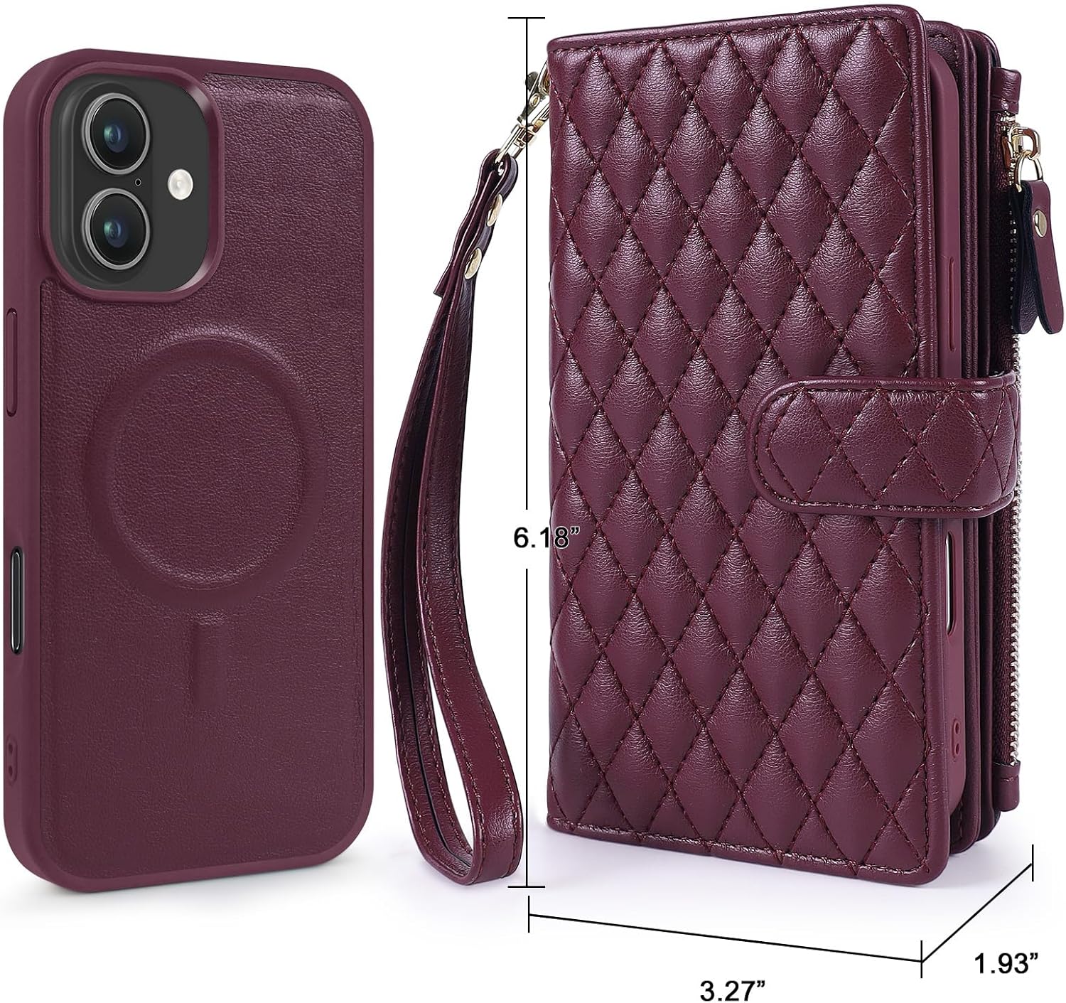 Lacass for iPhone 17 Case Wallet,Compatible with MagSafe 2 in 1 Magnetic Detachable PU Leather RFID Blocking Wallet Cover Card Holder Zipper Wrist Strap Lanyard,Quilted Wine Red