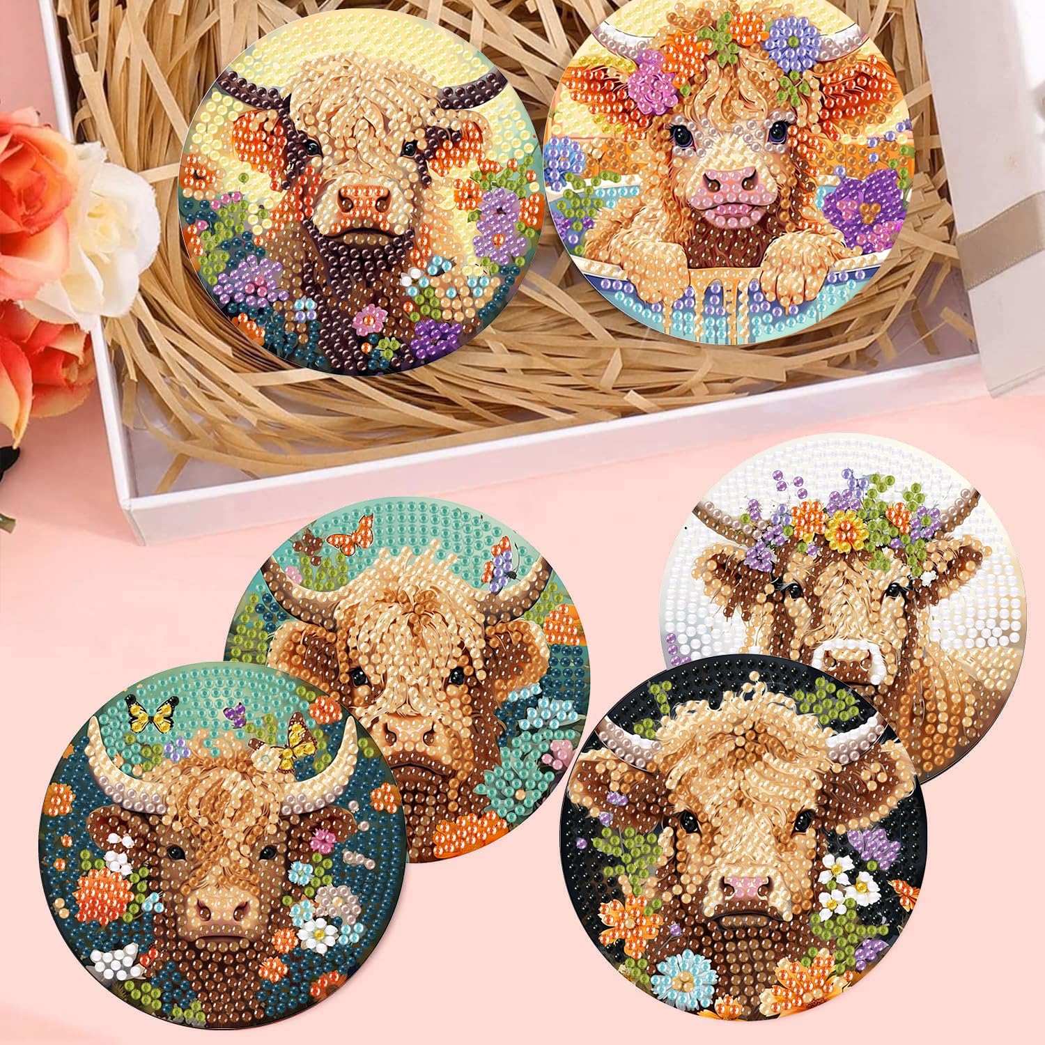 mrpwnle 8 Stück Highland Cow Diamond Art Untersetzer Kits für Erwachsene Anfänger