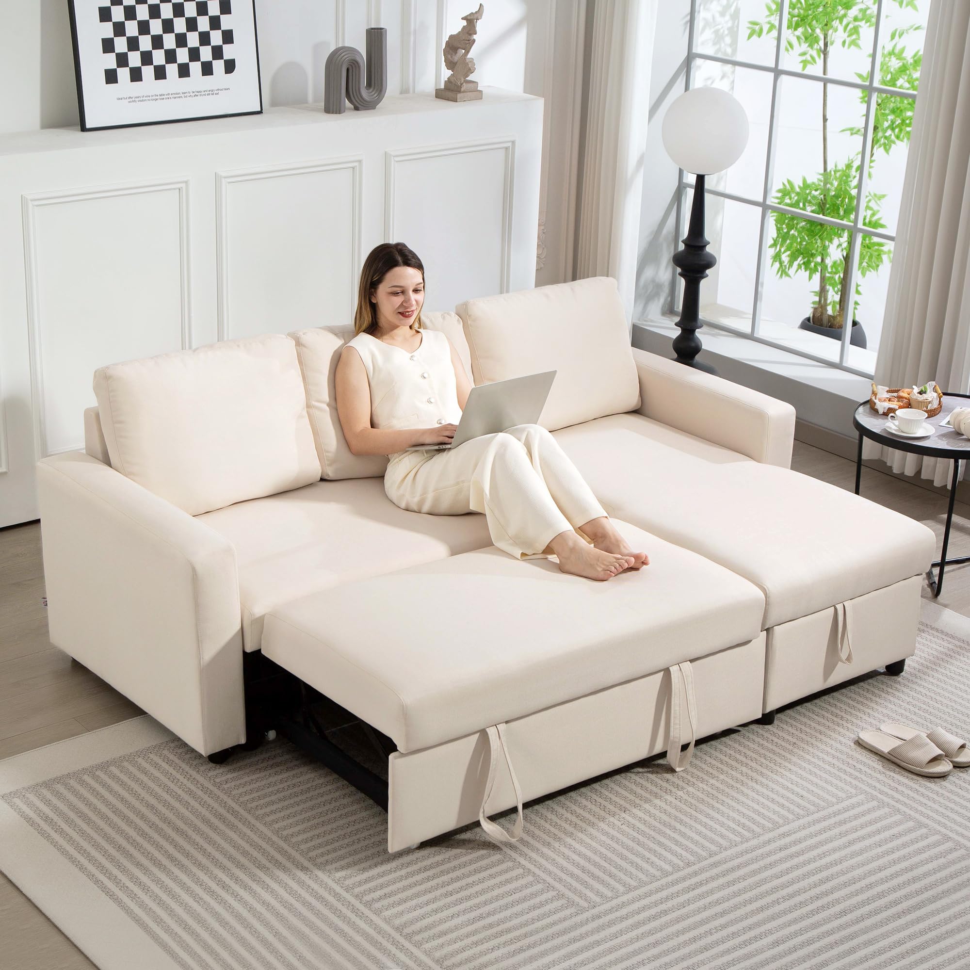 HOMCOM Divano ad angolo Convertibile divano letto 3 posti modulabile con chaise longue reversibile, contenitore integrato e 3 cuscini per lo schienale, tessuto effetto lino, color crema