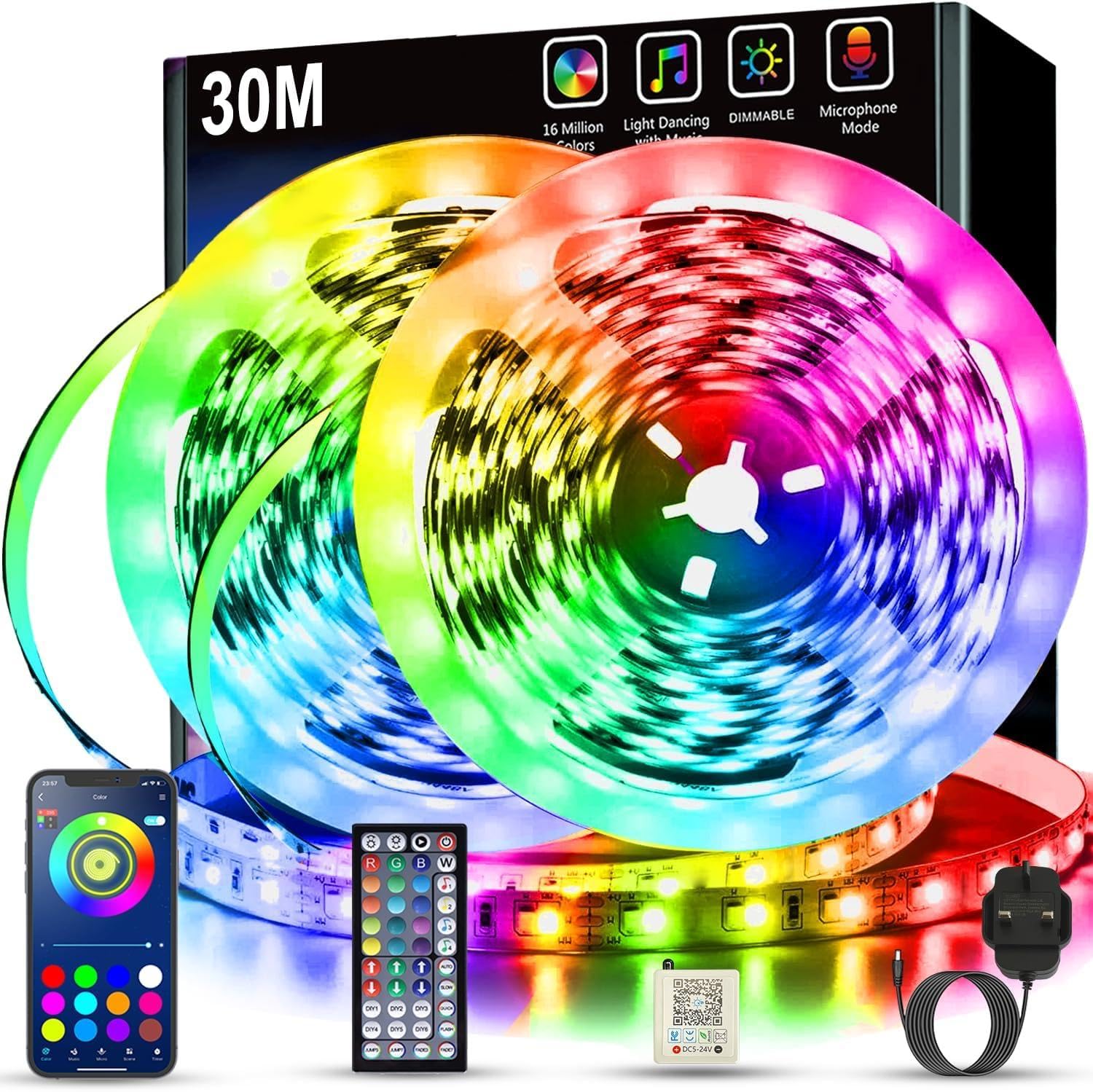 Keepsmile Led Strip Lights 30M(2 Rolls of 15M) with Music Sync,Bluetooth Smart App Control Color Changing Indoor Led Light Strips with Remote,Flexible Lights for Bedroom Home Party Christmas Decor