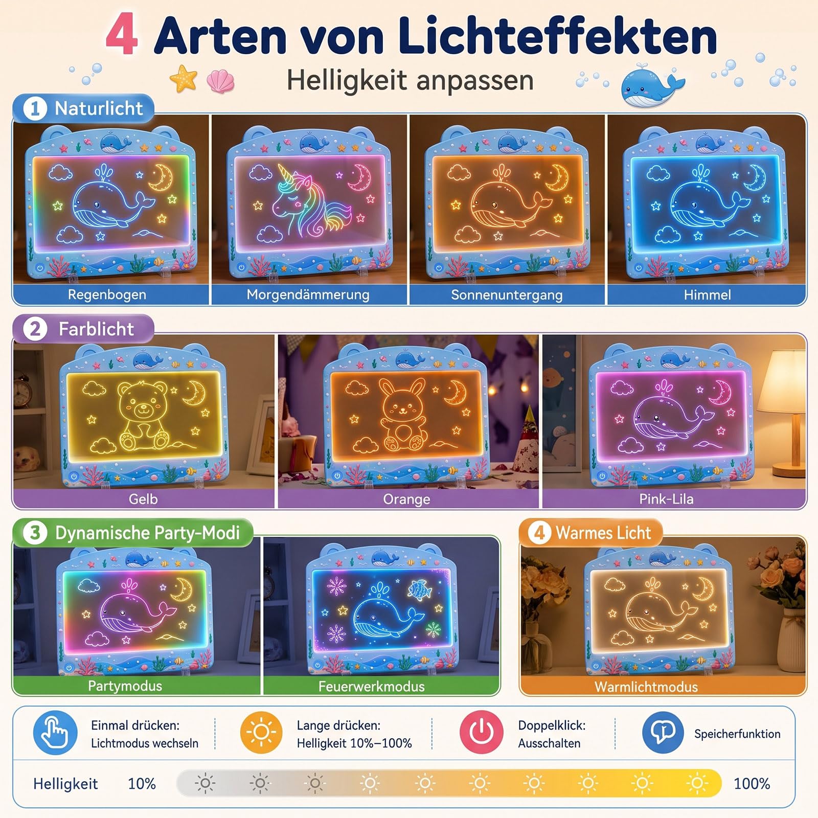 Planche à dessin LED pour enfants, 33 cm, avec 10 modes d'éclairage, variateur tactile, 7 marqueurs et 8 modèles, tableau à dessin en acrylique comme veilleuse et cadeau