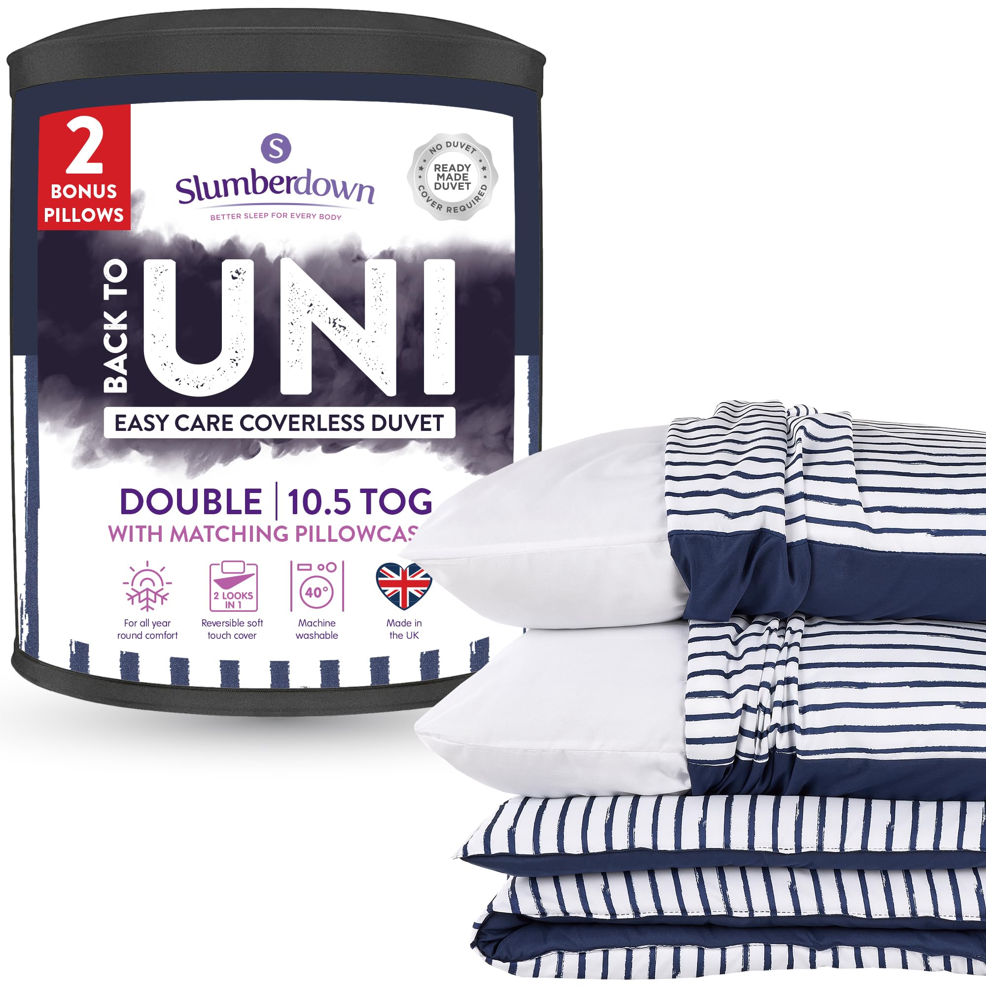 Slumberdown Unisex Navy Back To Uni Printed Stripe 10.5 Duvet, 2 Medium Pillows | Size: Double