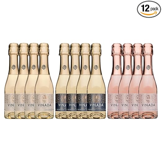 VINADA - Crispy Chardonnay, Sparkling Gold, Rosé Mini Variety Pack - Zero Alcohol Wine - 200 ml (12 Glass Bottles)