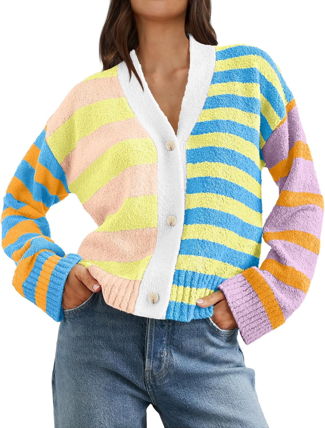 merokeety women's striped cardigan sweaters color block fuzzy knit coat button down v neck outfits yellow medium