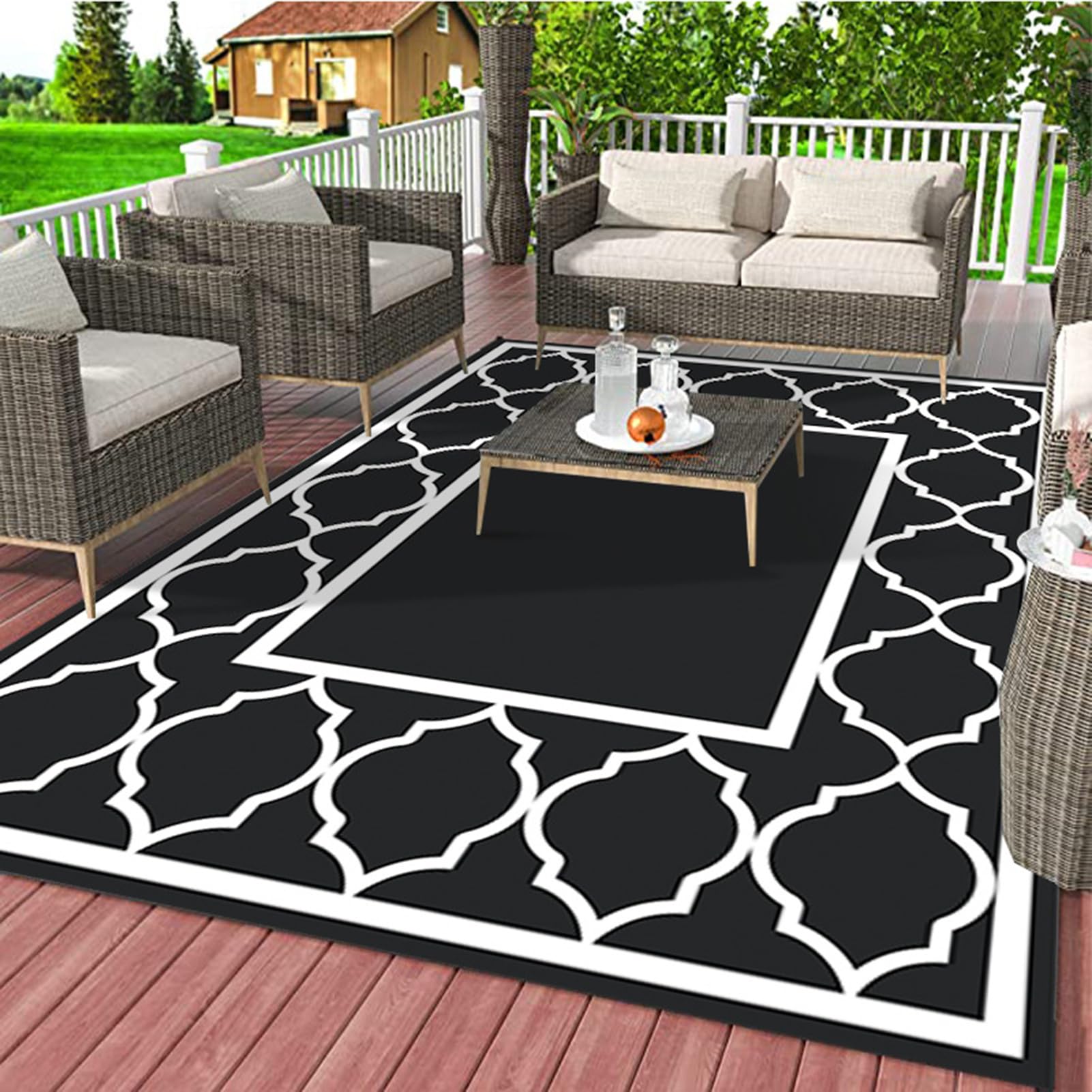 HGTRH Patio Door Rugs Outdoor Indoor, 5x7 Indoor Outdoor Area Rug Geometric Designs, Outdoor Deck Carpet For Under Patio Table Non Slip Outdoor Rugs Foldable for Garden, Balcony, RV, Camping