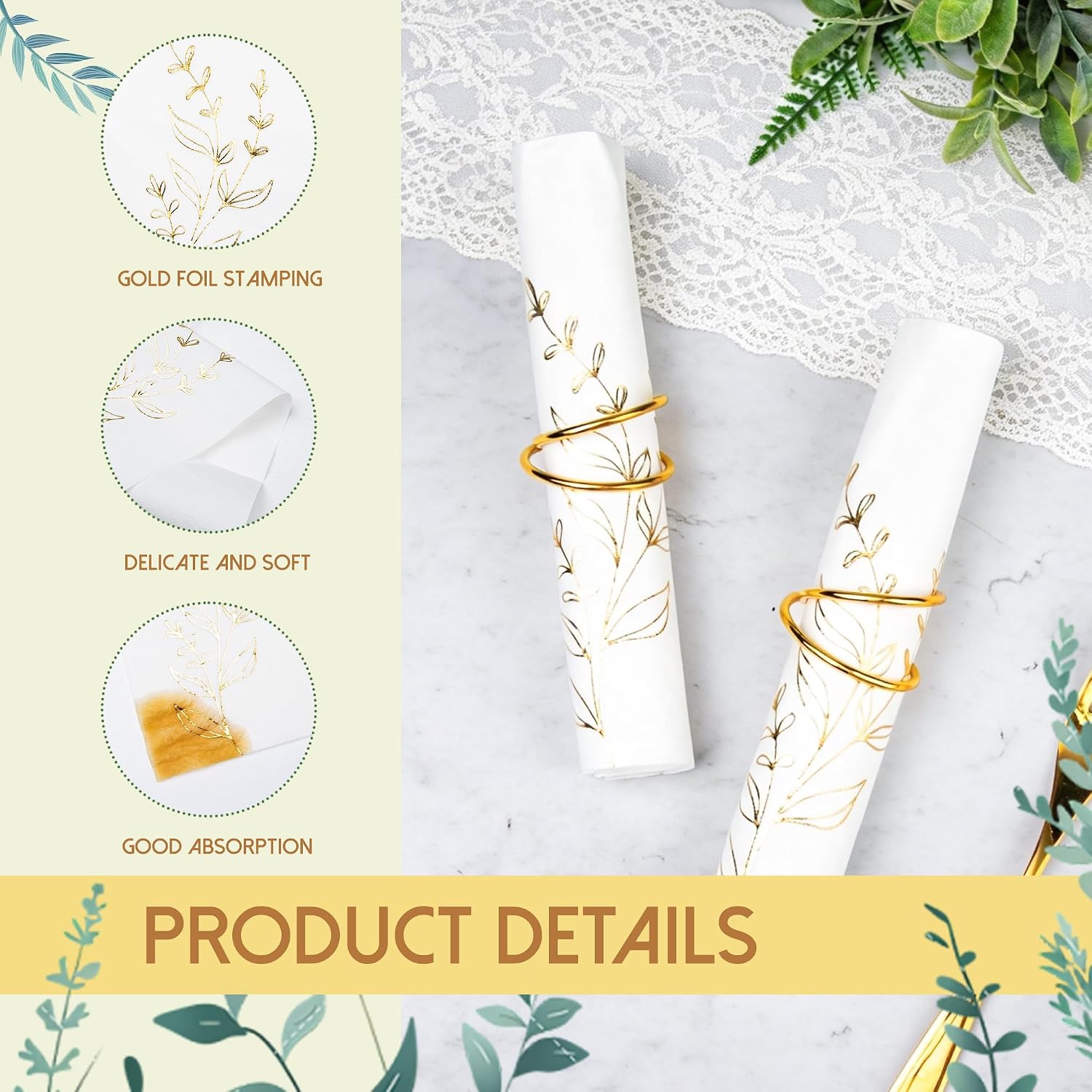 White Napkins 2- Ply Disposable Dinner Paper Napkin 100 Pcs Gold Foil Leaves Cocktail Napkins for Dinner Picnic Birthday Wedding Party image 3