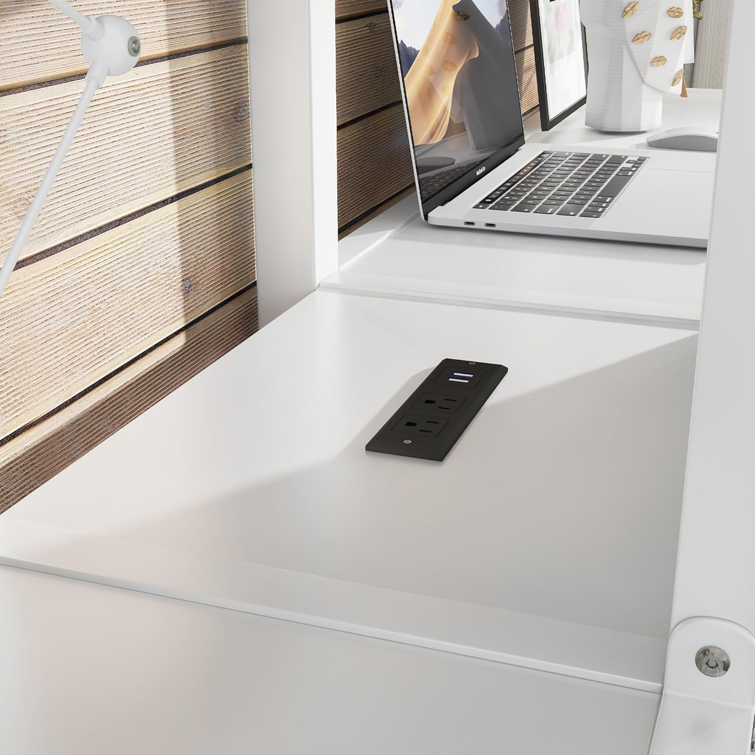 LUMISOL Double Loft Bed Twin Size with Desk, Heavy Duty Metal Loft Bed with Charging Station, Wardrobe & Storage Shelves, Noise Reduced, White