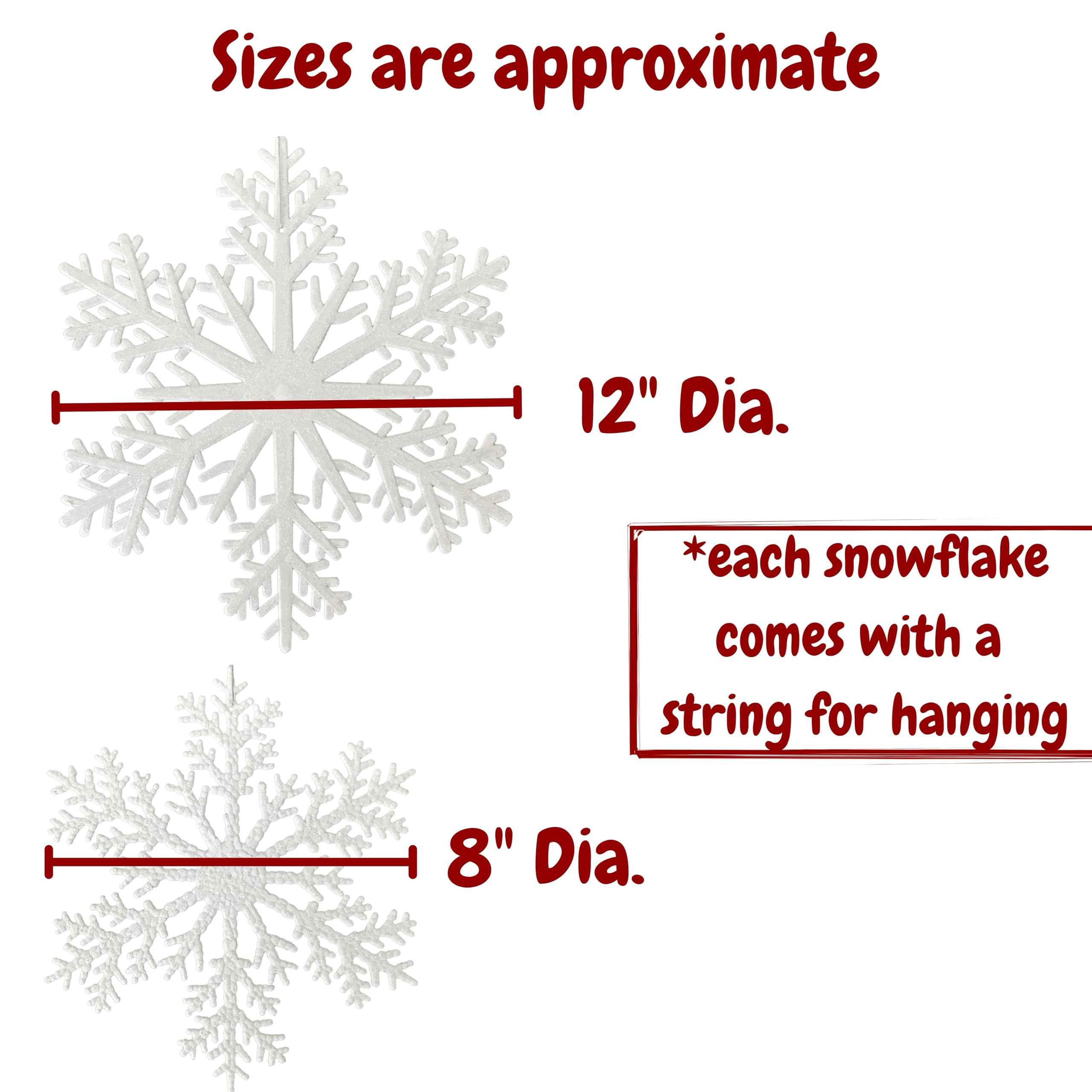 Fiocchi di neve bianchi – Set di 10 – Due misure assortite circa 20,3 cm e 30,5 cm D – Fiocchi di neve glitterati – Decorazioni invernali
