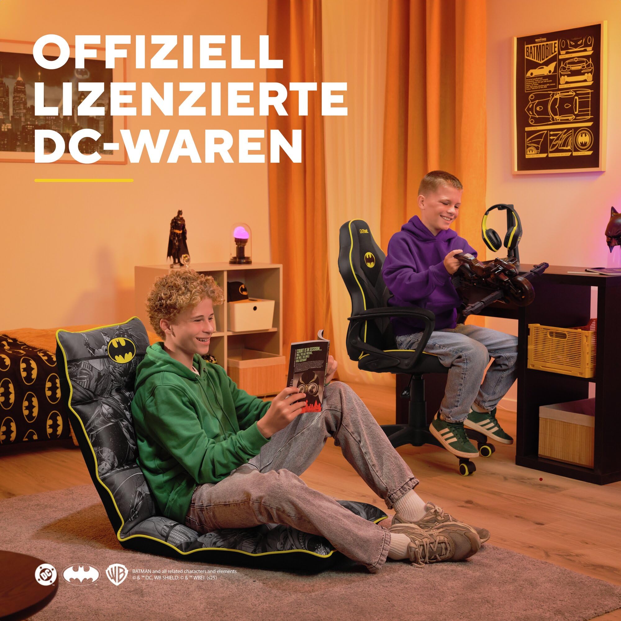 GXTrust Revvo Batman Lizenziert Gaming Stuhl für Kinder 4-12 Jahren | Gepolsterte Armlehne, Gasfeder Klasse 3, Stoffpolsterung, Höhenverstellbarer Schreibtischstuhl, Schwarz