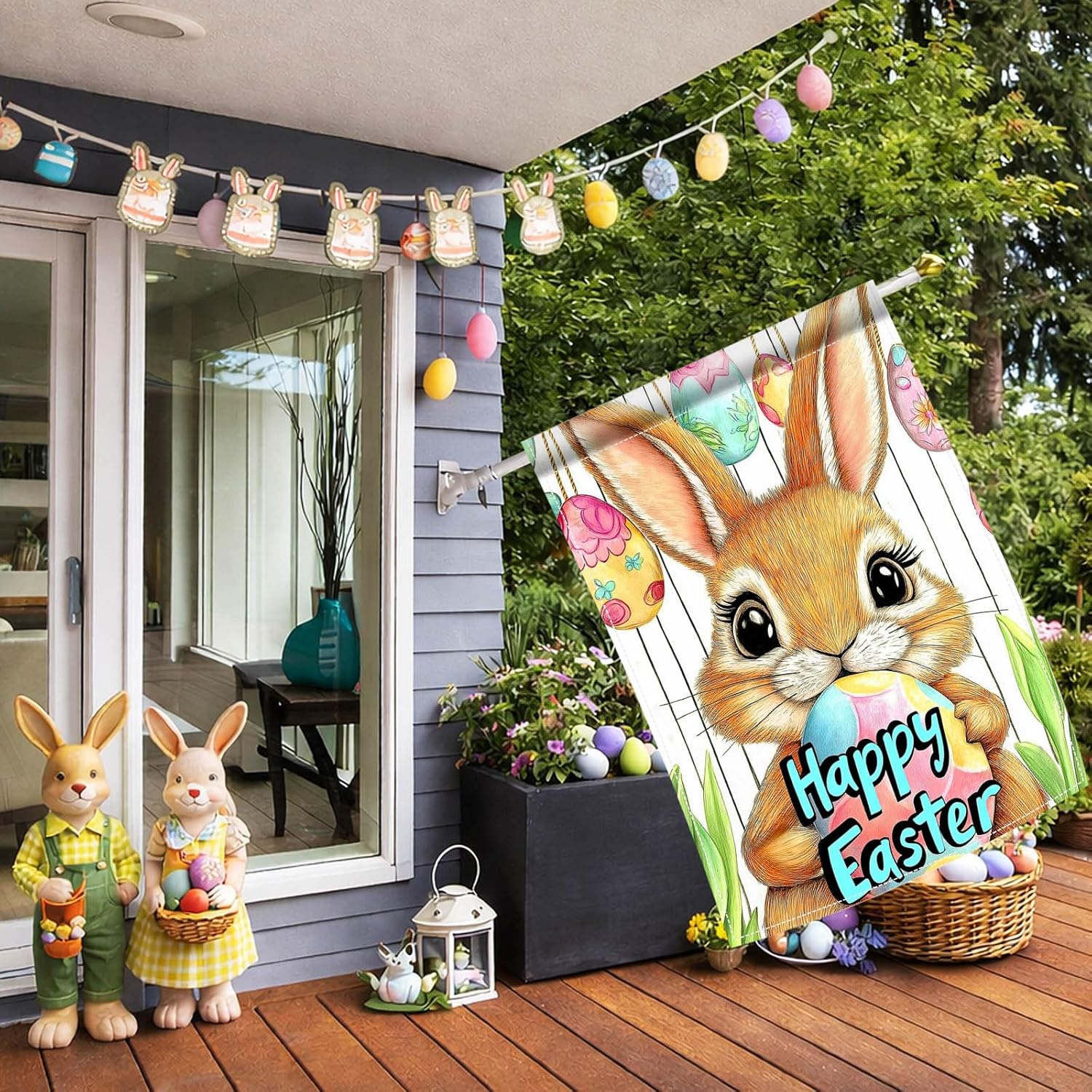 Happy Easter Bunny House Flag 28x40 Inch Double Sided Cute Rabbit Holding Egg with Hanging Easter Eggs Spring Floral Garden Flag Large Outdoor Yard Flag Holiday Farmhouse Easter Decor - Image 2