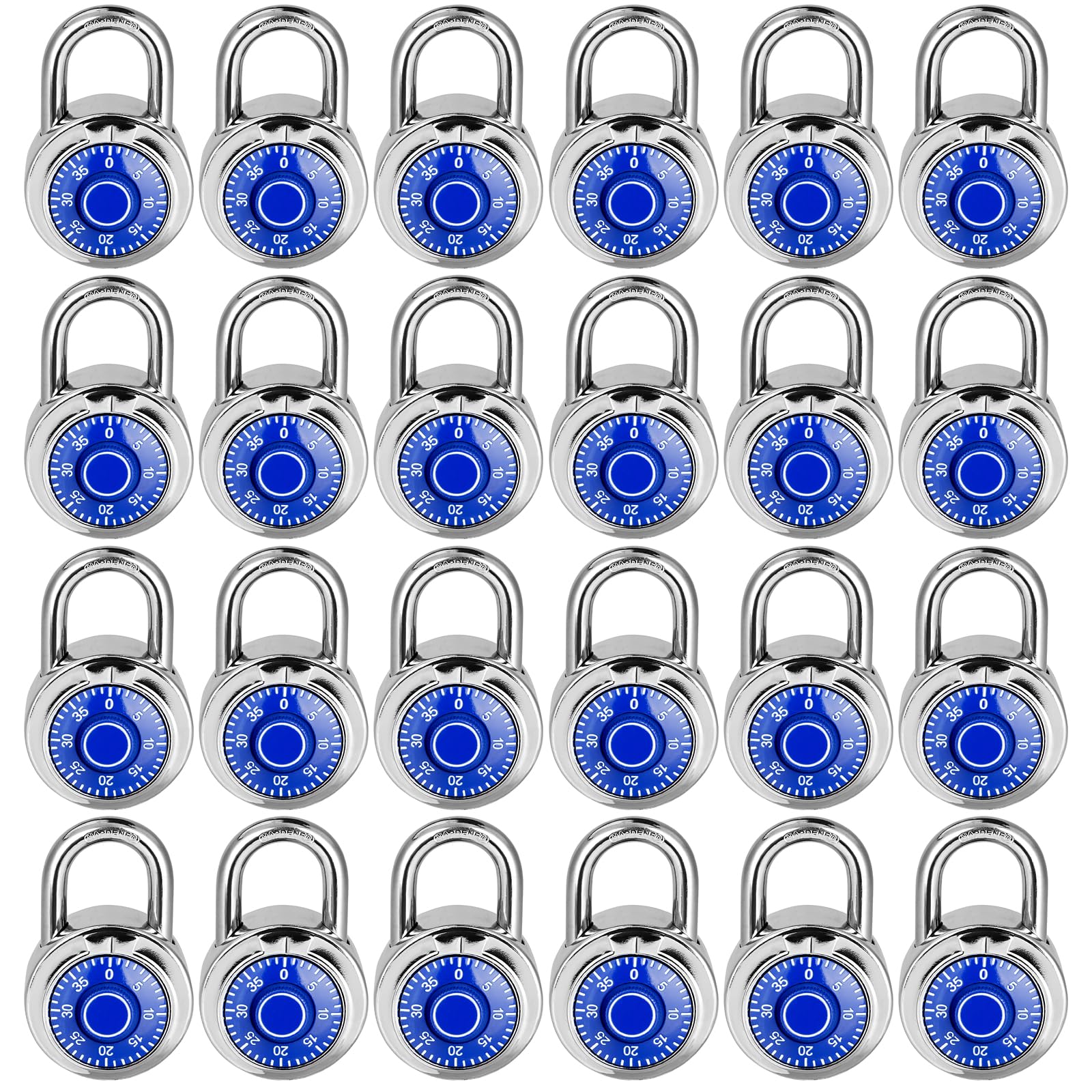 Cerradura de combinación de esfera estándar, placa giratoria azul de 2 pulgadas de ancho; combinación fija de tres digitales; paquete de 24; cerradura para escuela, gimnasio y taquilla deportiva,