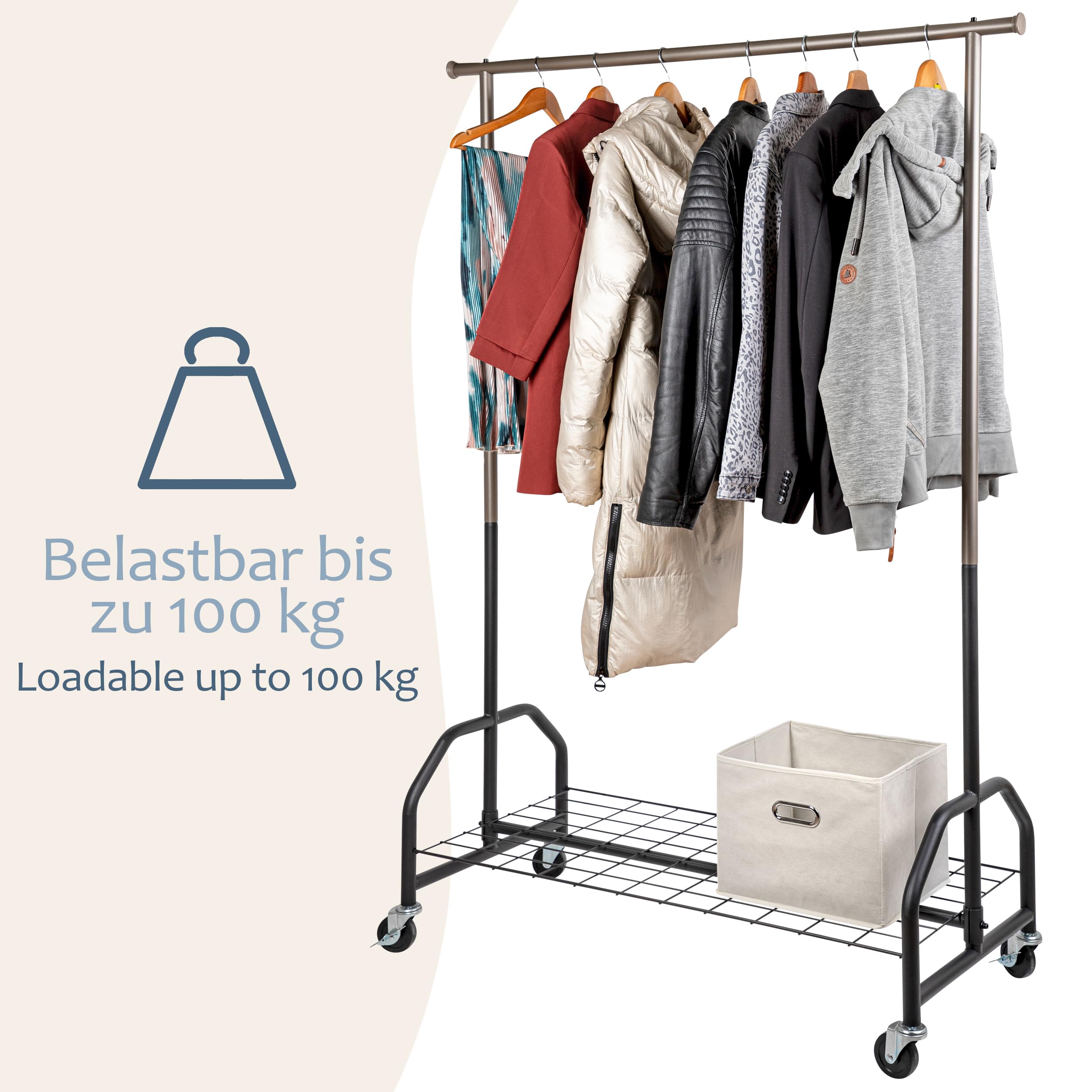 ONVAYA Kleiderständer mit Abdeckung | hohe Traglast | stabil | mit Rollen und Ablagefach | Abdeckhülle | Schwerlast | bis 100 kg | Metall/Kunststoff | anthrazit | 120 x 50 x 180 cm