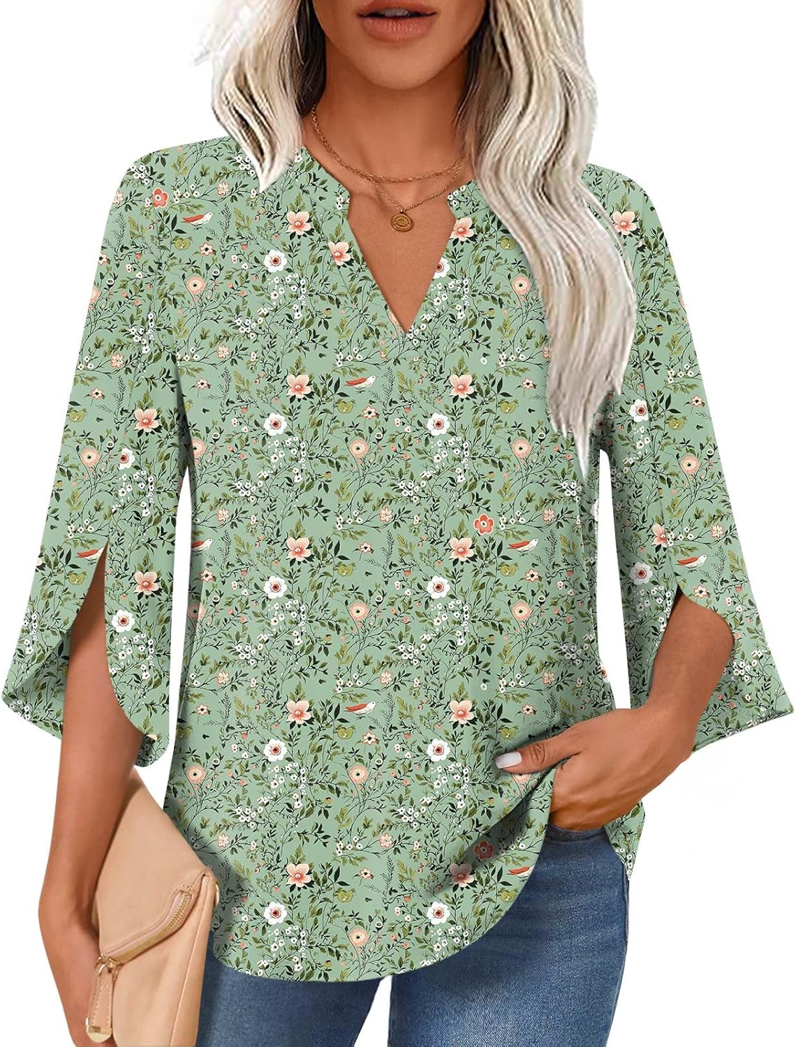 Womens Tops Dressy Casual Summer Ruffle 3/4 Sleeve V Neck Chiffon Blouses Tunics Tops L, Green Flowers