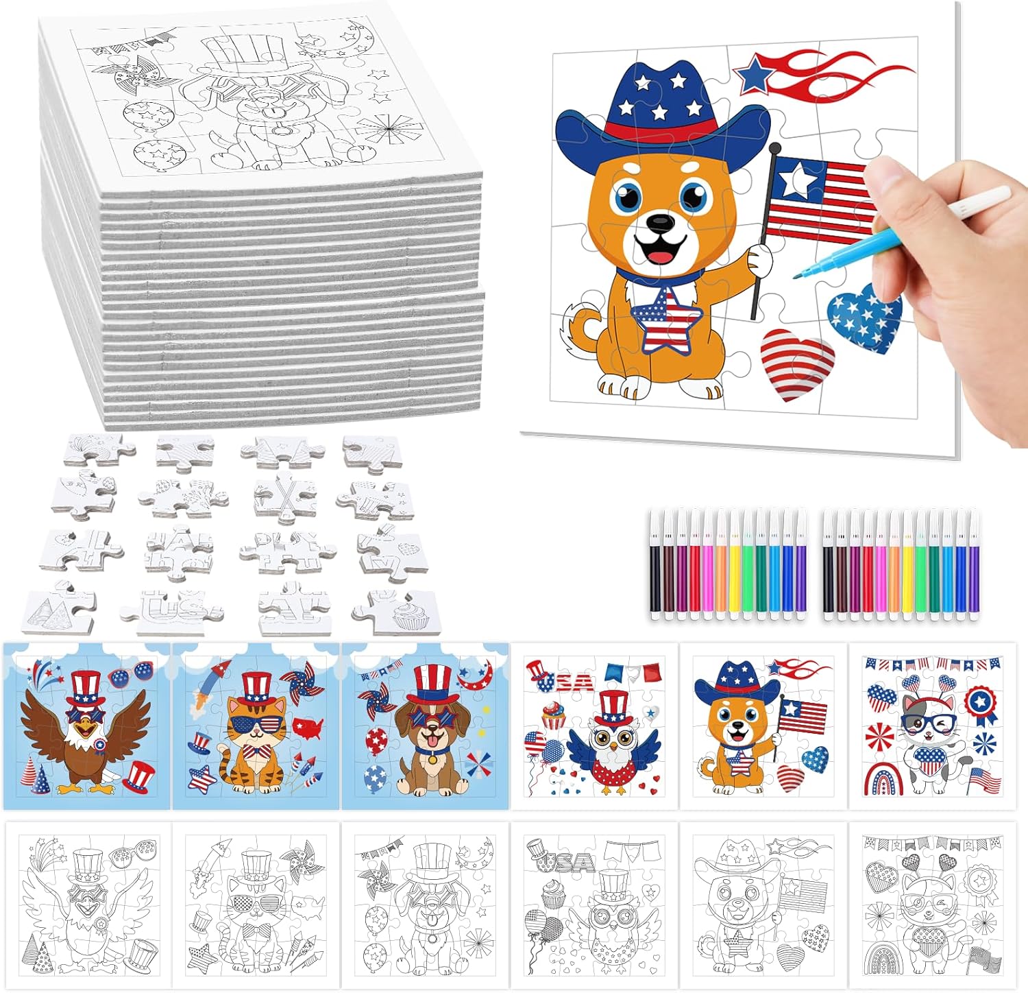 Fennoral 24 Pack 4th of July Craft Kit for Kids Color You Own Cute Animal Patriotic Jigsaw Puzzle DIY Coloring Independence Day Art and Craft for Classroom Activity Party Favor Supplies