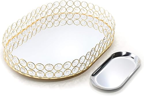 Bandeja de tocador de cristal decorativa con espejo, bandejas de perfume para maquillaje, almacenamiento de cosméticos, organizador de Bandeja de