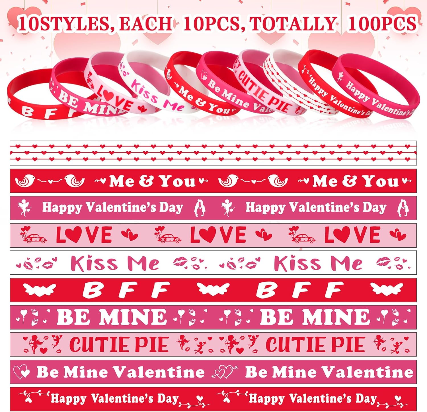 Hiboom 100 Pcs Valentine's Day Bracelets Bulk Gifts for Kids Valentine's Day Party Favors Silicone Wristband Pink Red Love Heart Accessories Goodie Bag Stuffers Treats Classroom Exchange Prizes Decor - Image 2