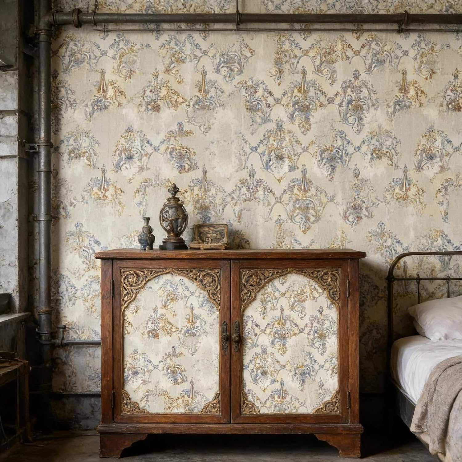 Vintage Damask Wallpaper, Grey Gold, Self-Adhesive Removable 44 x 300 cm, Waterproof Decorative Wall Covering for Bedroom Bathroom, 17.3 x 118 Inches