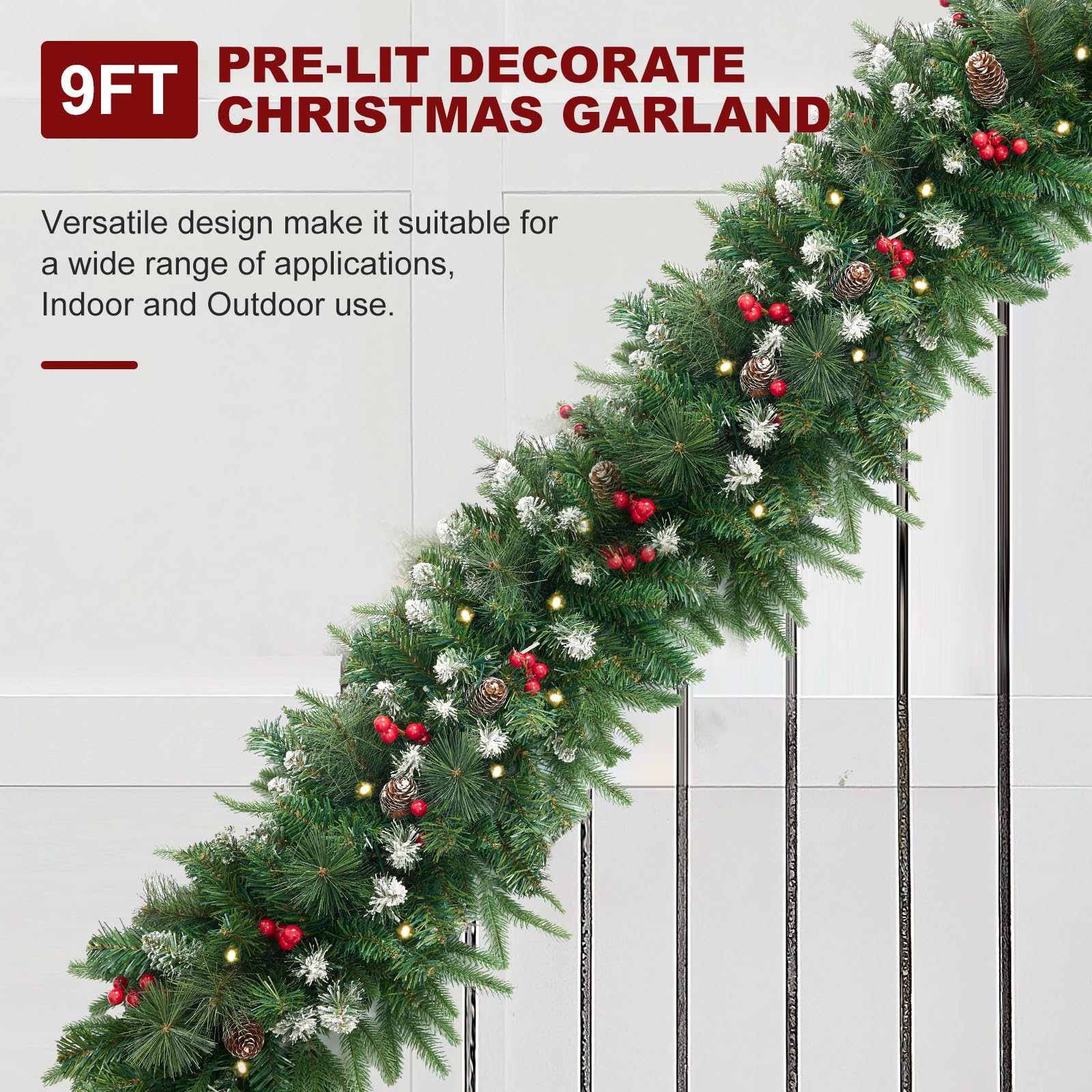 Guirnalda de Navidad artificial de 9 pies con 50 luces, decoración navideña de Navidad, guirnalda artificial con piñas y bayas para escaleras, chimeneas, puerta de pared para escaleras