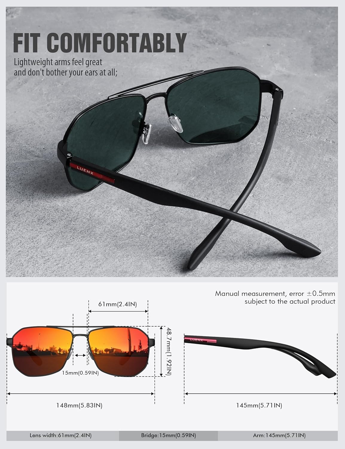 LUENX Óculos de sol aviador masculino com lentes polarizadas quadradas de polígono – Proteção UV 400 com acessórios em promoção! Veja a oferta e mais achadinhos de Óculos de sol Masculinos 6 Hoje é o melhor dia para comprar LUENX Óculos de sol aviador masculino com lentes polarizadas quadradas de polígono – Proteção UV 400 com acessórios com aquele preço maroto! Promoção! Aproveite a oferta! 6