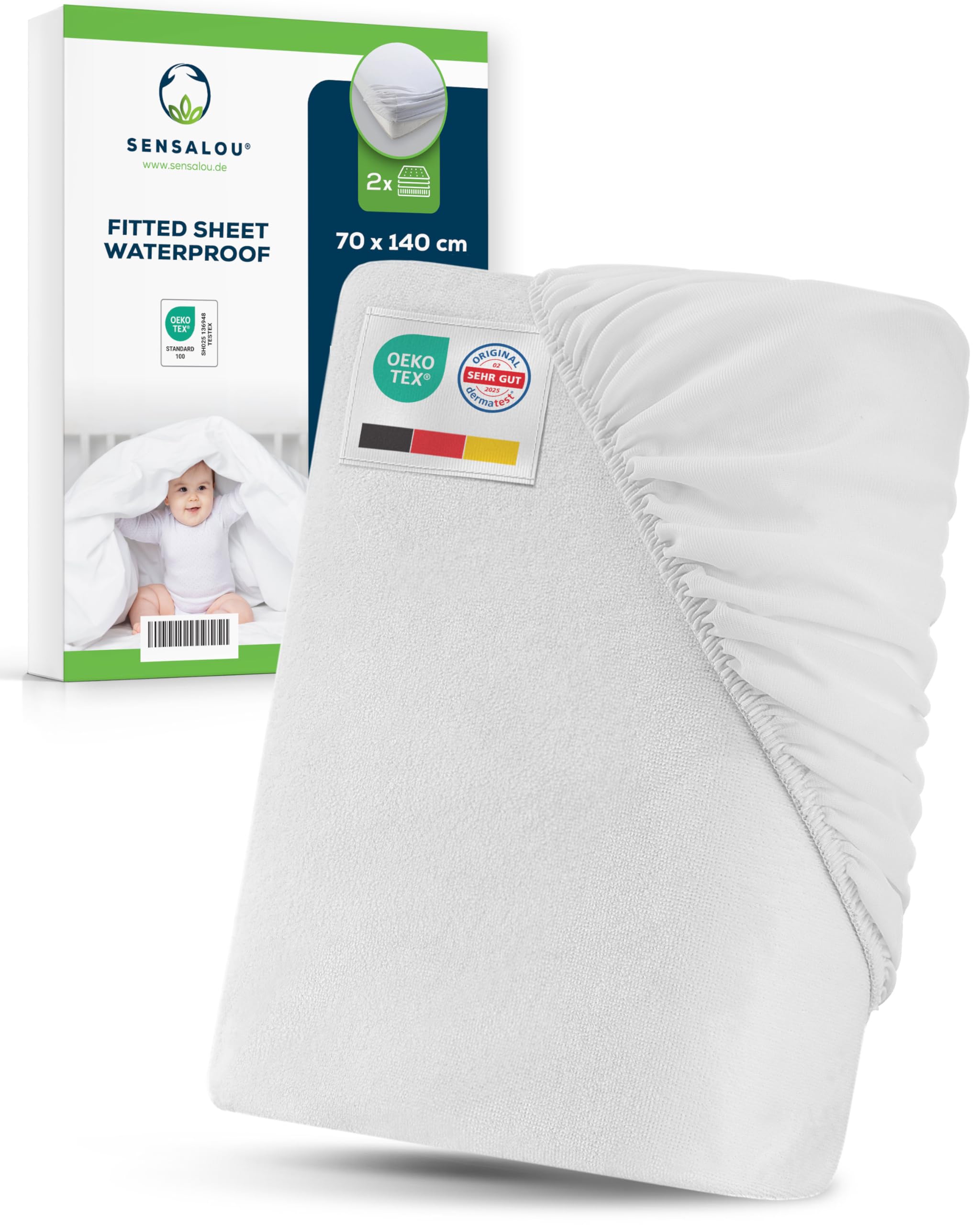 Sensalou White Waterproof Fitted Sheet 70X140 Cm Twin Pack – Breathable Baby Mattress Protector For Cot Bed – Washable At 95°C, Quiet, Soft Cotton, Secure Fit For Children, Leakproof & Hypoallergenic Cover