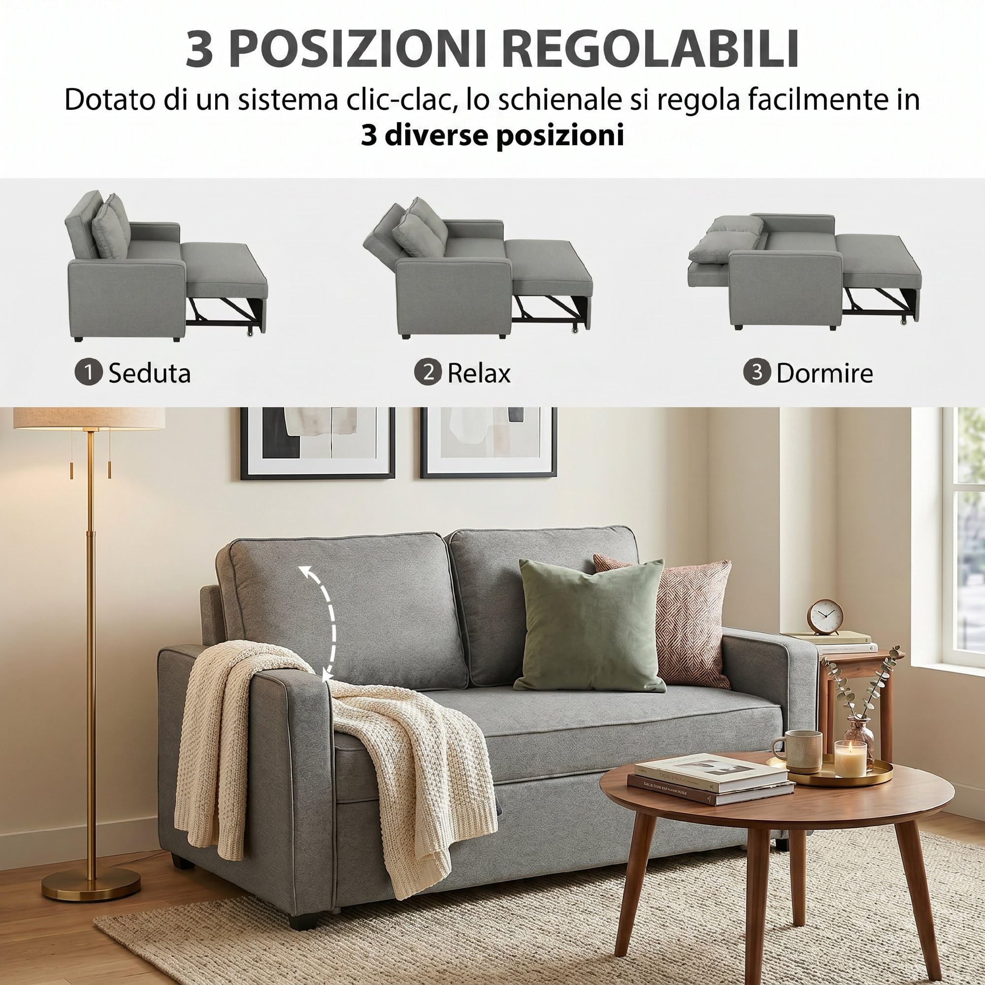 HOMCOM Divano Letto 2 Posti 3 in 1 Effetto Lino con 2 Cuscini, Divano Letto Matrimoniale Estraibile Reclinabile 3 Livelli Salvaspazio, Braccioli, Seduta Imbottita, Legno Eucalipto, Soggiorno, Grigio