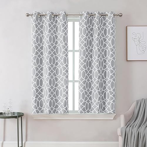 Simplebrand Janae Light Grey Short Blackout Curtains 54 Inch Length, Geometric Pattern Thermal Insulated Grommet Curtains Liner, Total Blackout Soundproof Window Drapes for Bathroom, 2pcs, 30" Wide