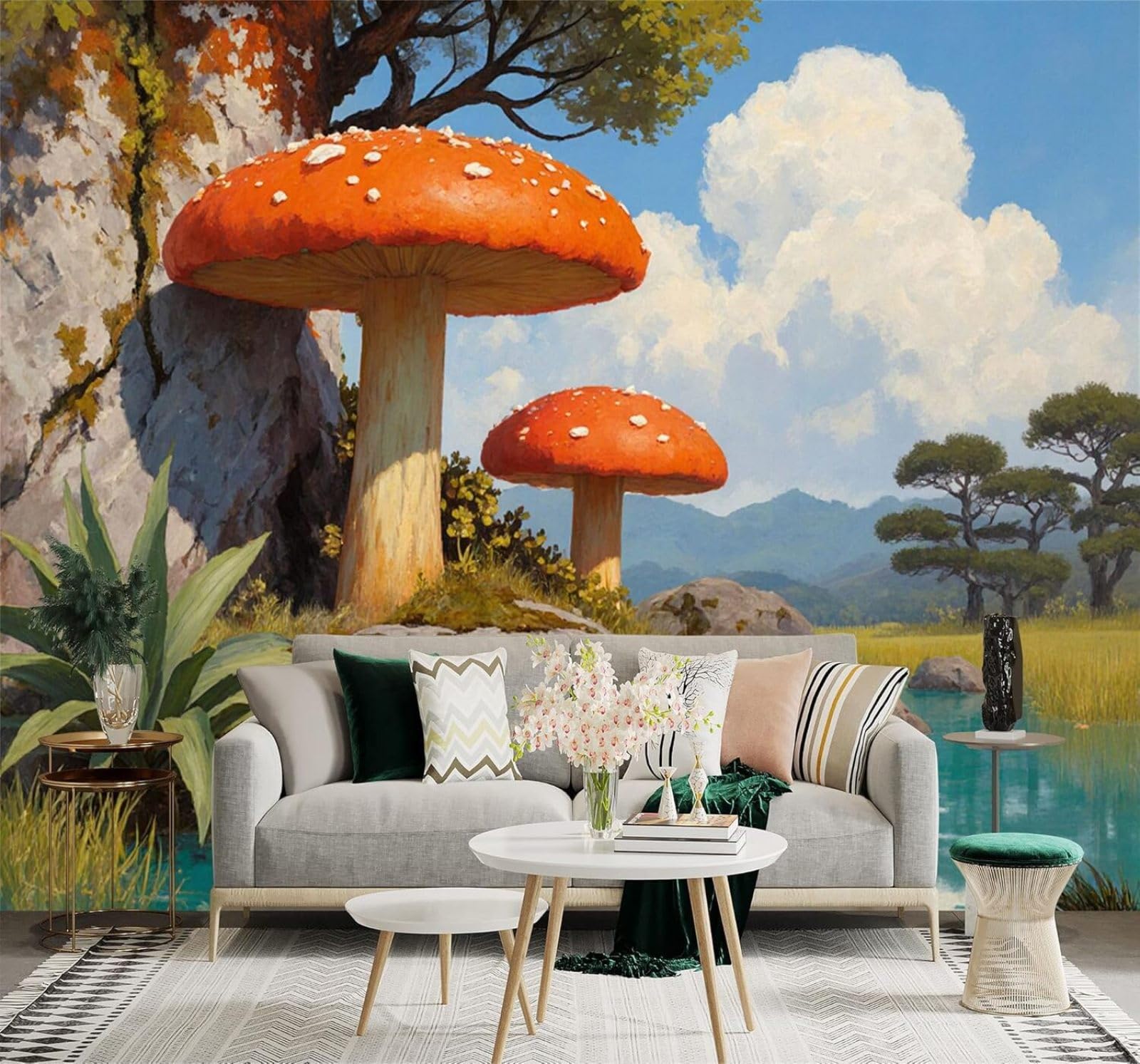 Papier Peint 3D Champignons Rouges Arbres Verts Montagnes Salon 350x256
