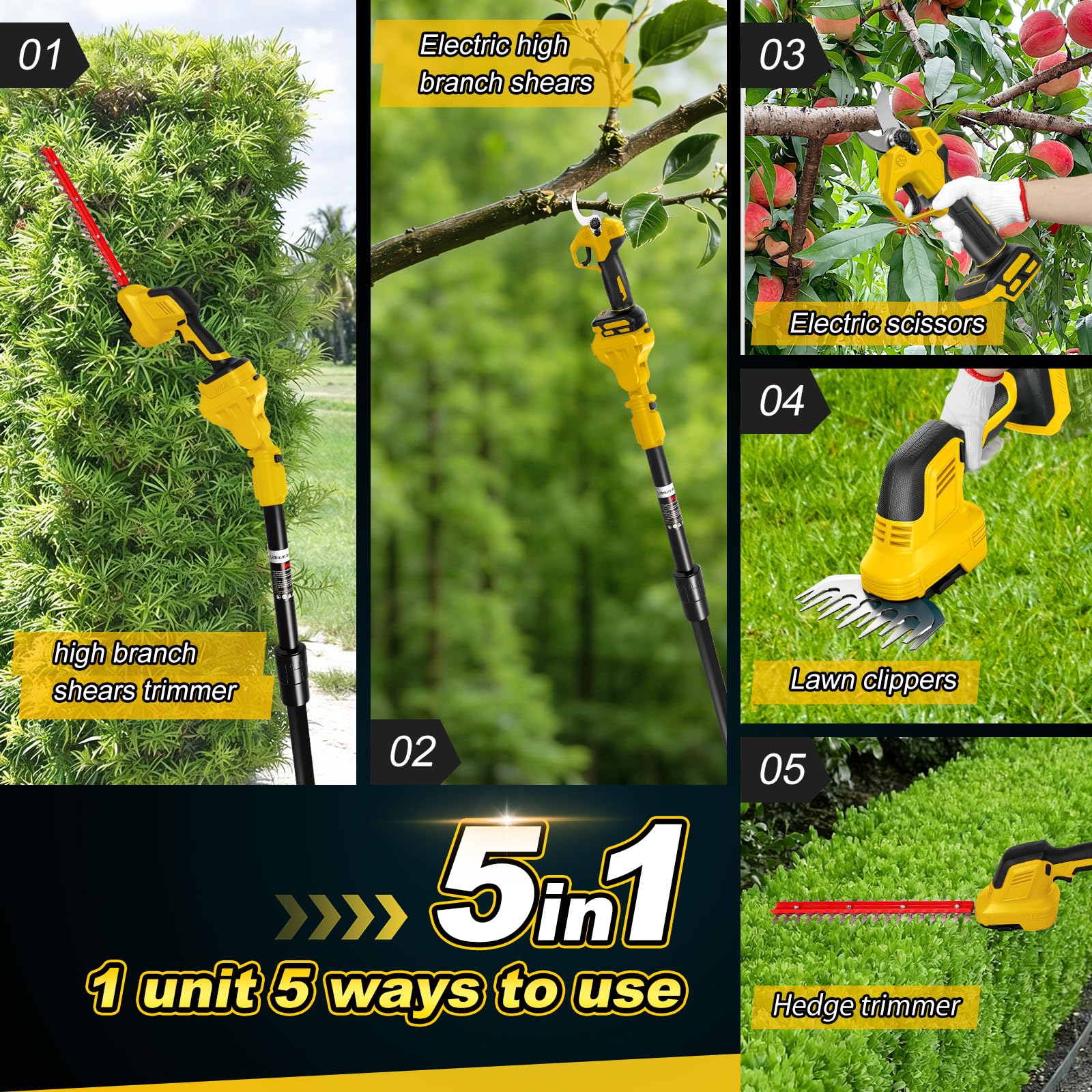 Roadtime Cortasetos telescópico 6 en 1 para DeWalt 20 V (sin batería) | varilla giratoria, motor sin escobillas para tijeras de césped, cortador de ramas para jardín, árboles