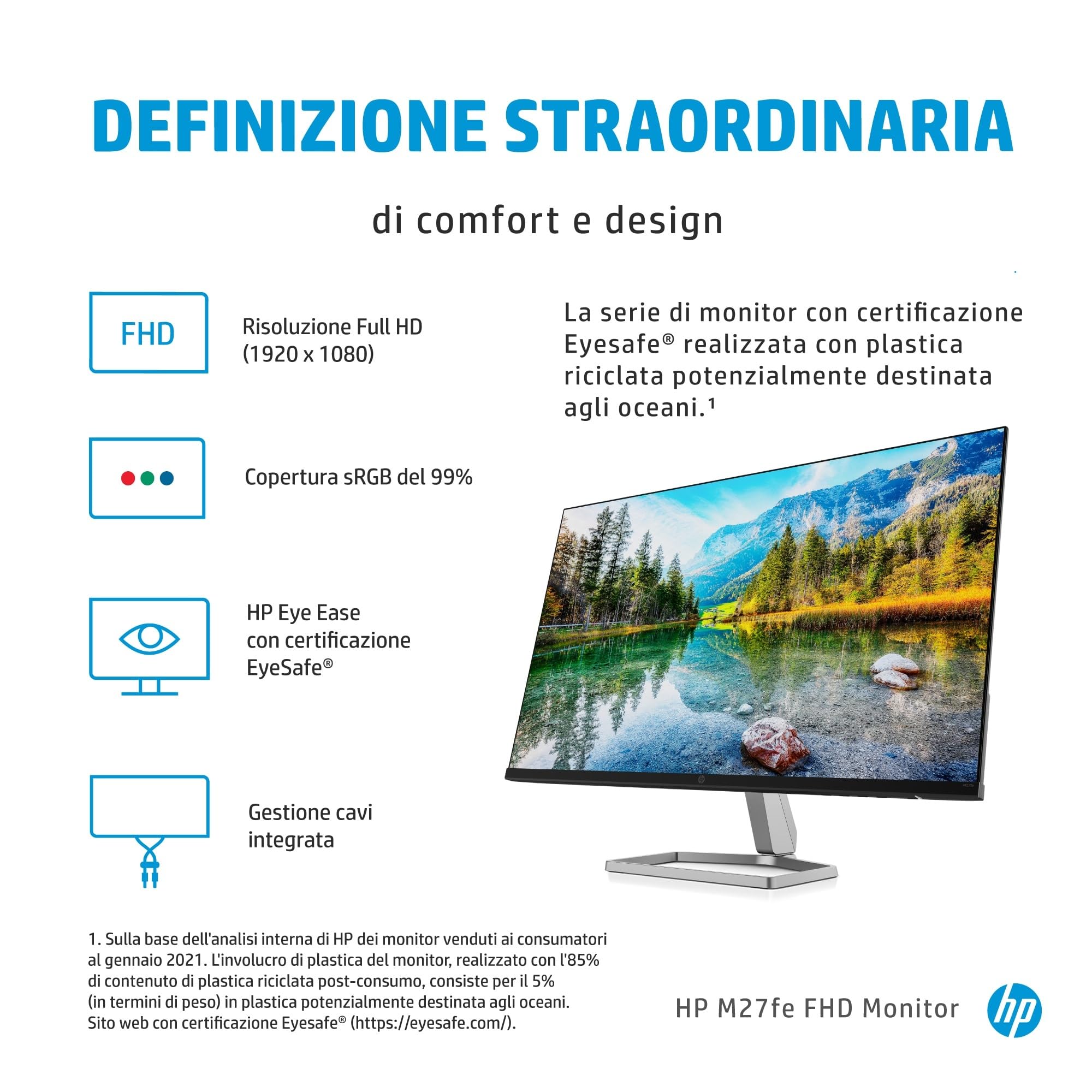 HP M27fe Monitor da 27", FHD, 16:9, Antiriflesso, Pannello IPS da 75Hz, Tempo di Risposta 5 ms, Reclinabile, AMD FreeSync, 300 Nits, Low Blue Light, HDMI 1.4, VGA, No montaggio VESA, Argento