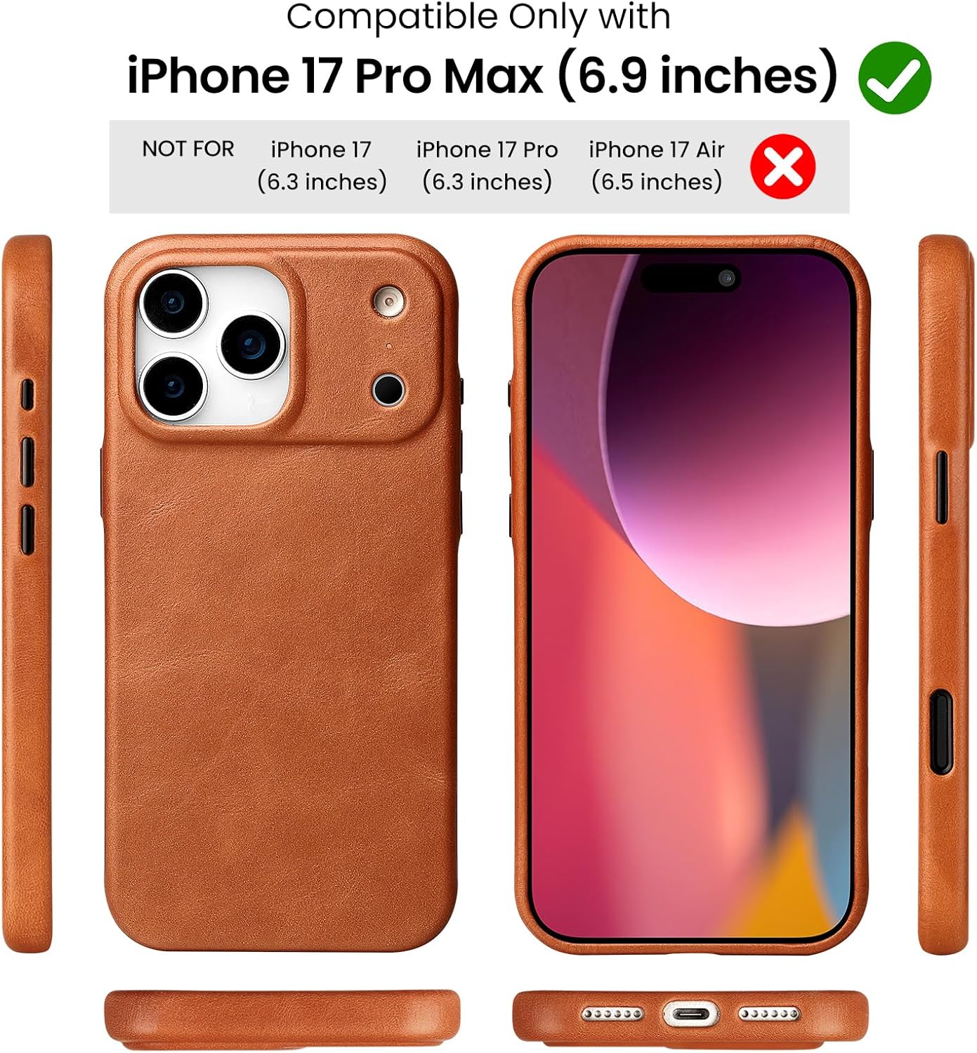 LUCKYCOIN Premium Handcrafted Full-Grain Cowhide Leather Phone Case for iPhone 17 Pro Max 6.9 in, Built-in Metal Camera Control Button, Full Camera Protection, MagSafe Compatible, Vintage Brown