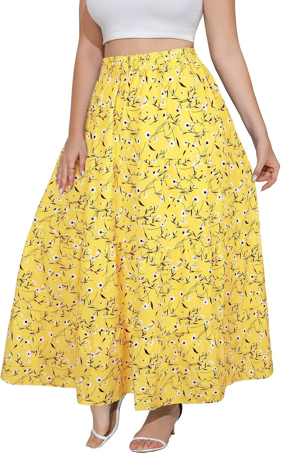 Younrui Women's Long Maxi Plus Size Skirt 2026 Trendy Flowy Elastic High Waist Casual Spring Swing A-line Floral Skirts