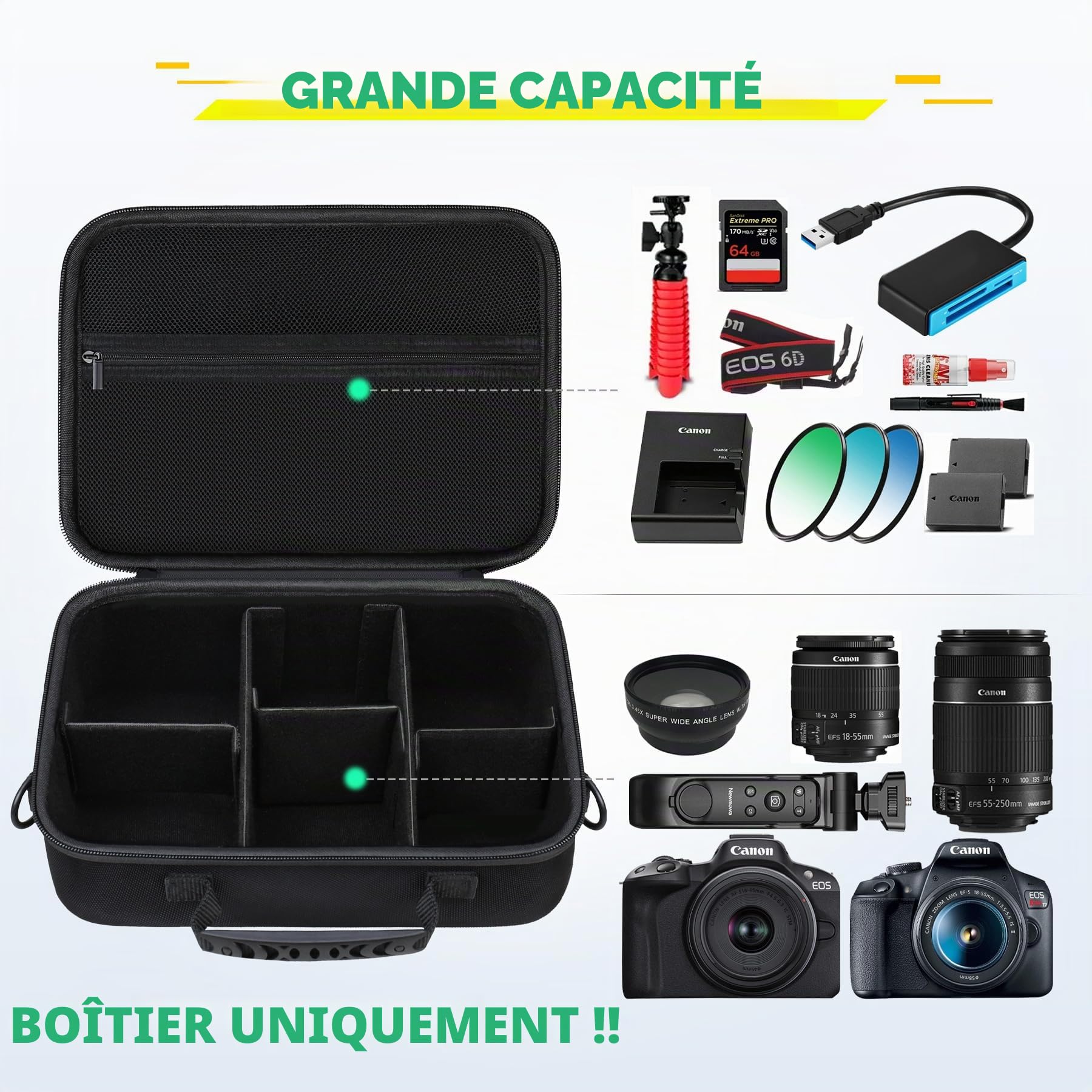 BOVKE Etui pour Canon EOS 2000d/R50/R6 Mark II/R100, étui de Rangement pour Appareils Photo Reflex Numériques Canon, Sony, Nikon, trépieds et Accessoires, bandoulière avec 5 séparateurs, Noir